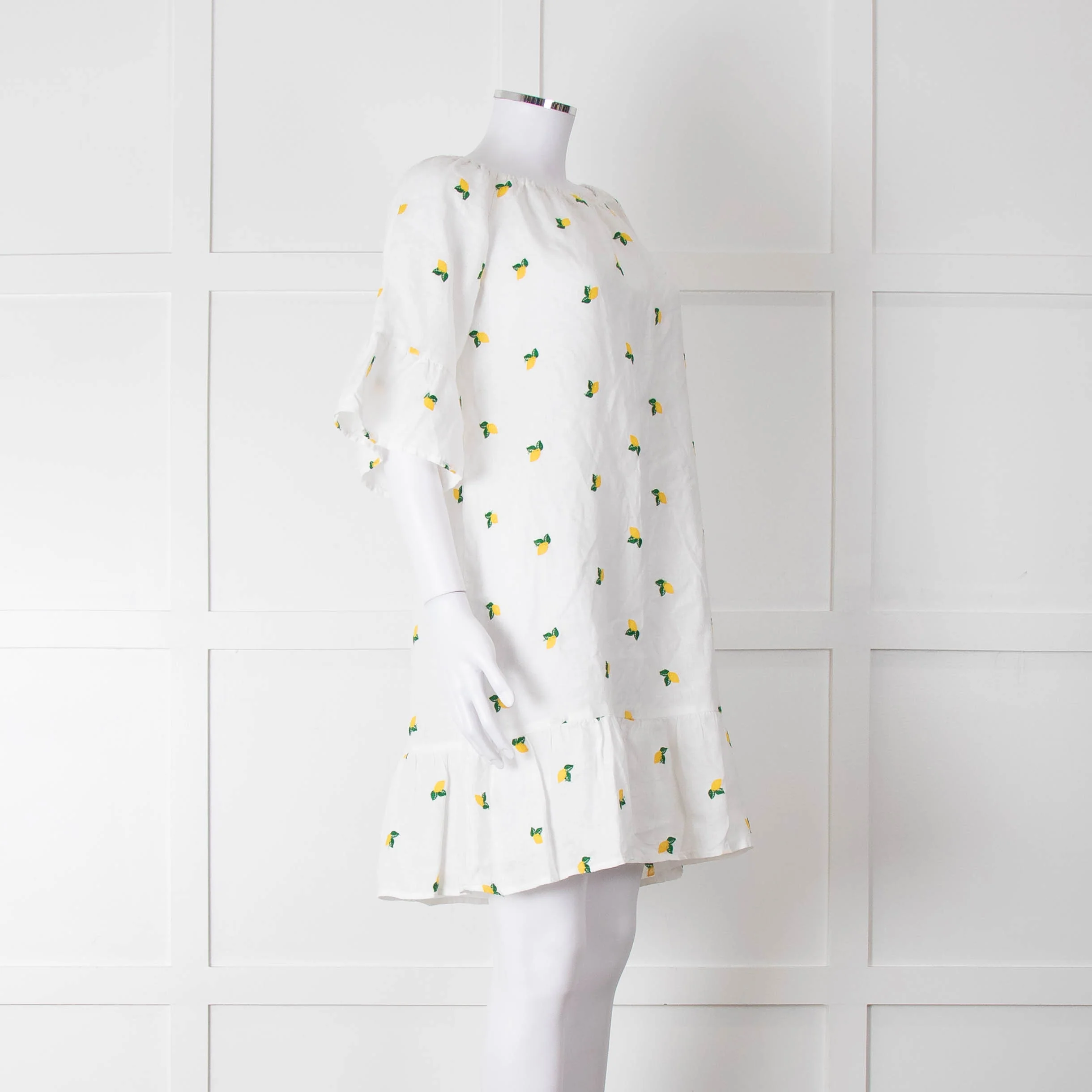 Sartoria Saracena White Lemon Embroidered Linen Frill Trim Dress - Image 2