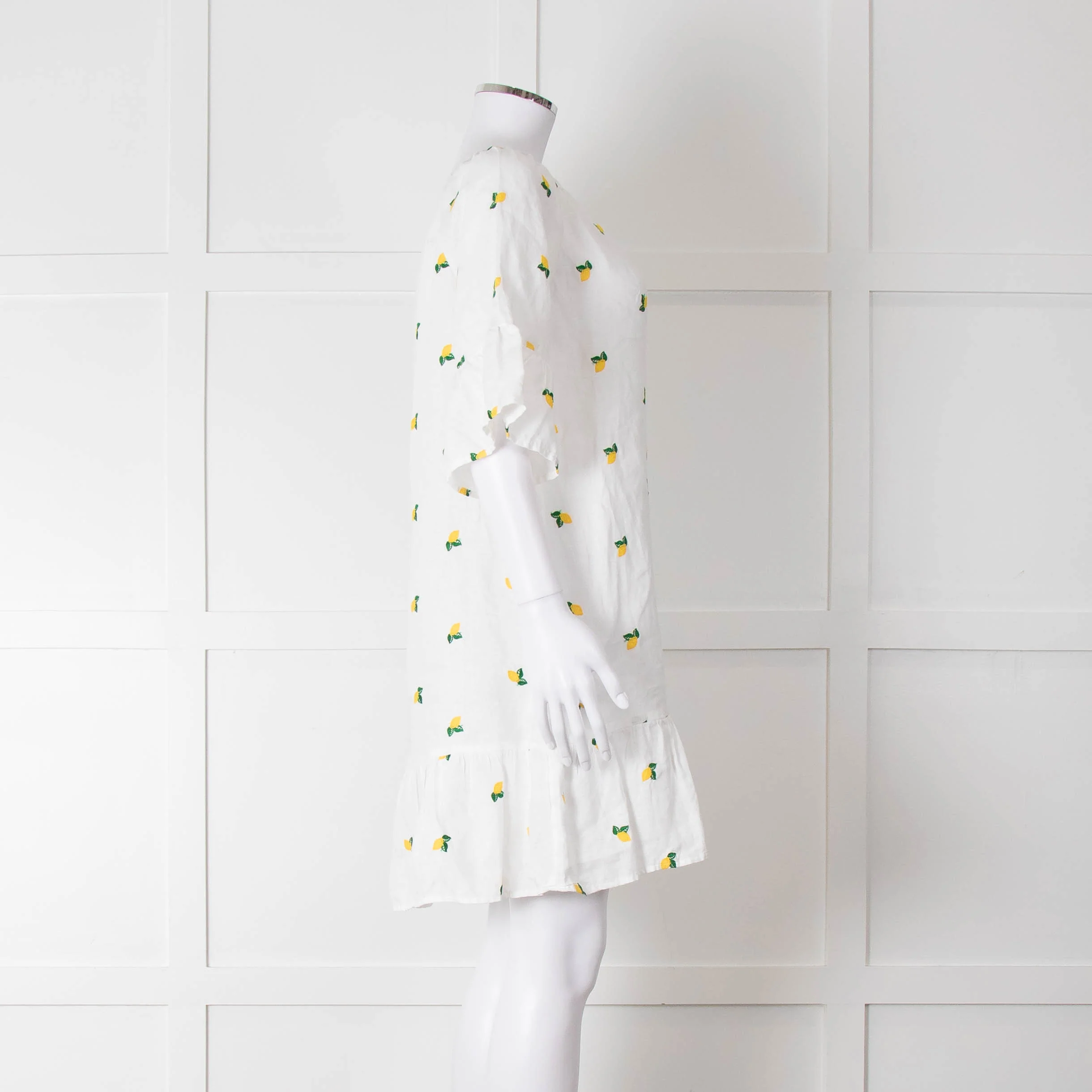 Sartoria Saracena White Lemon Embroidered Linen Frill Trim Dress - Image 3