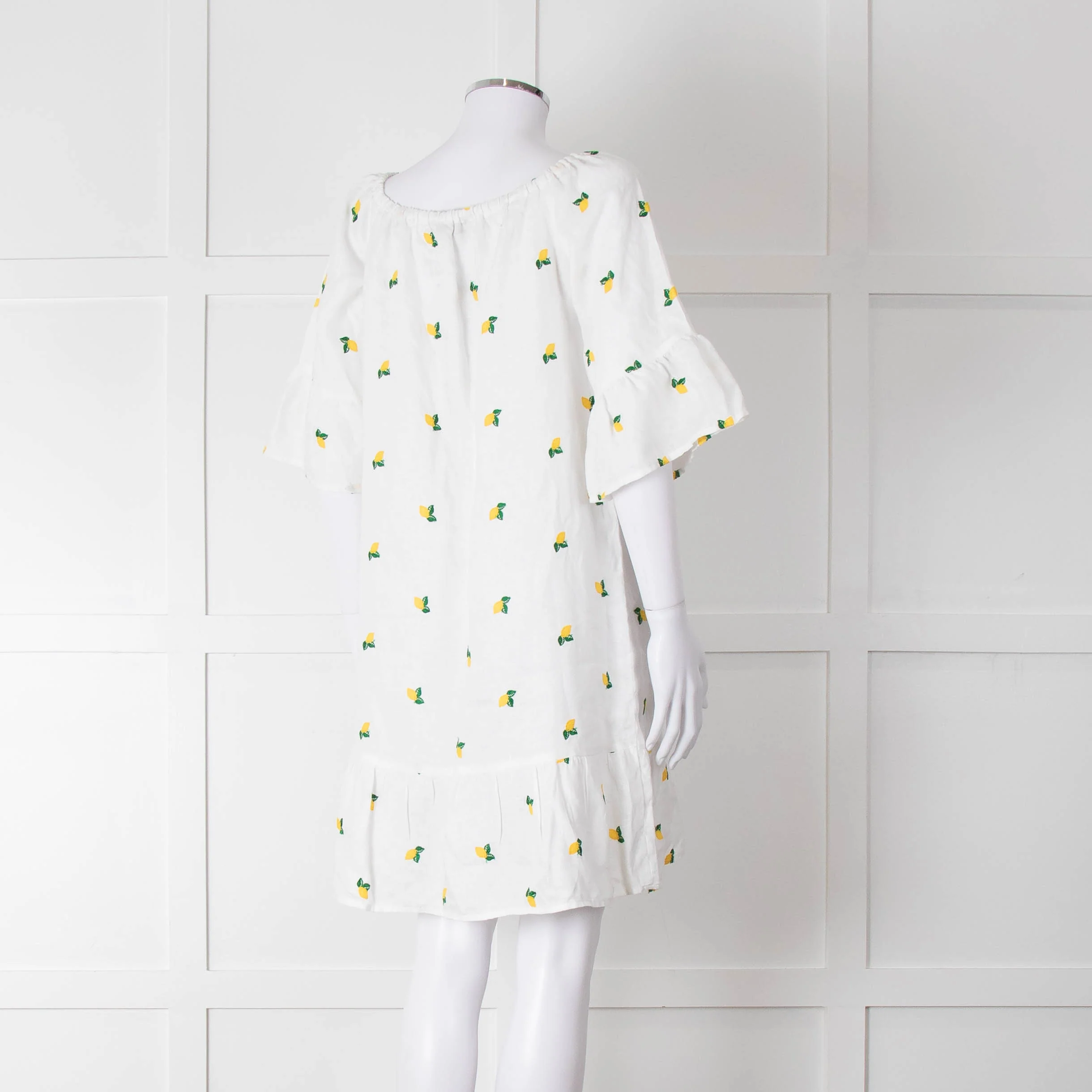Sartoria Saracena White Lemon Embroidered Linen Frill Trim Dress - Image 4