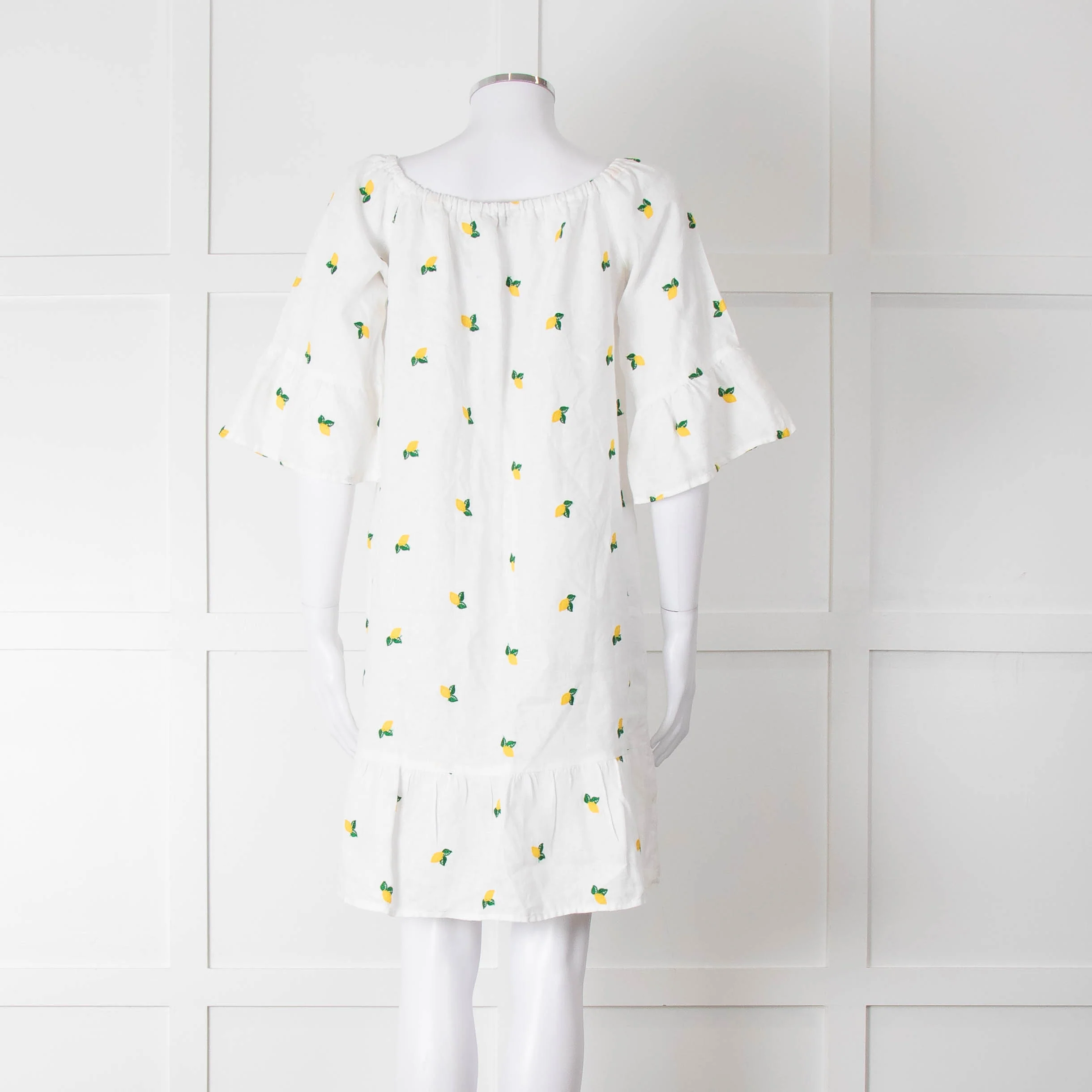 Sartoria Saracena White Lemon Embroidered Linen Frill Trim Dress - Image 5