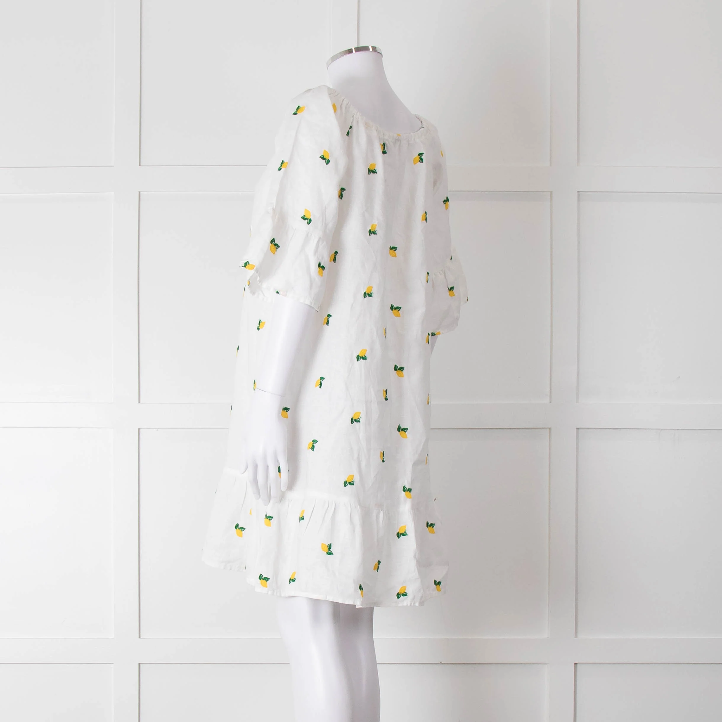 Sartoria Saracena White Lemon Embroidered Linen Frill Trim Dress - Image 6