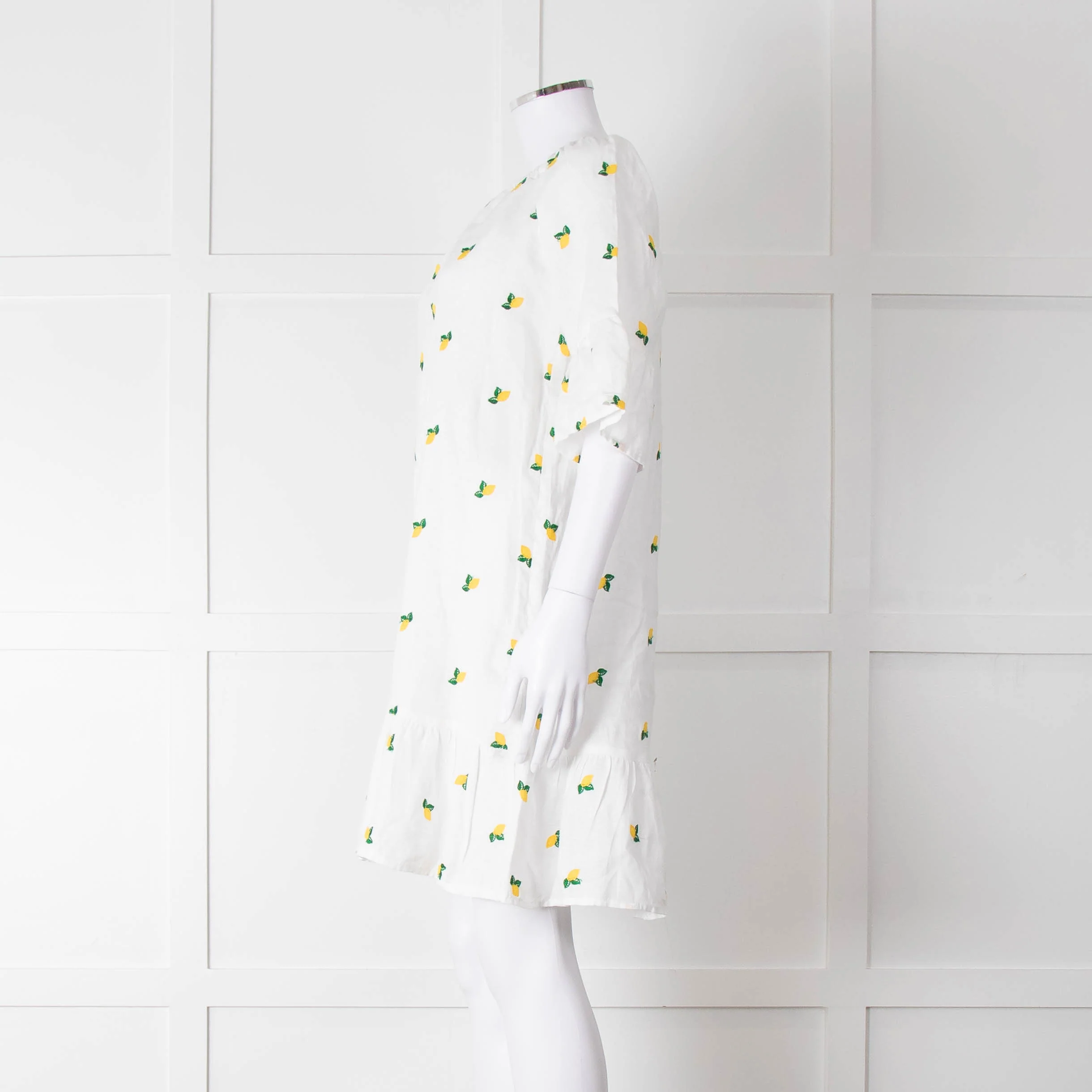 Sartoria Saracena White Lemon Embroidered Linen Frill Trim Dress - Image 7