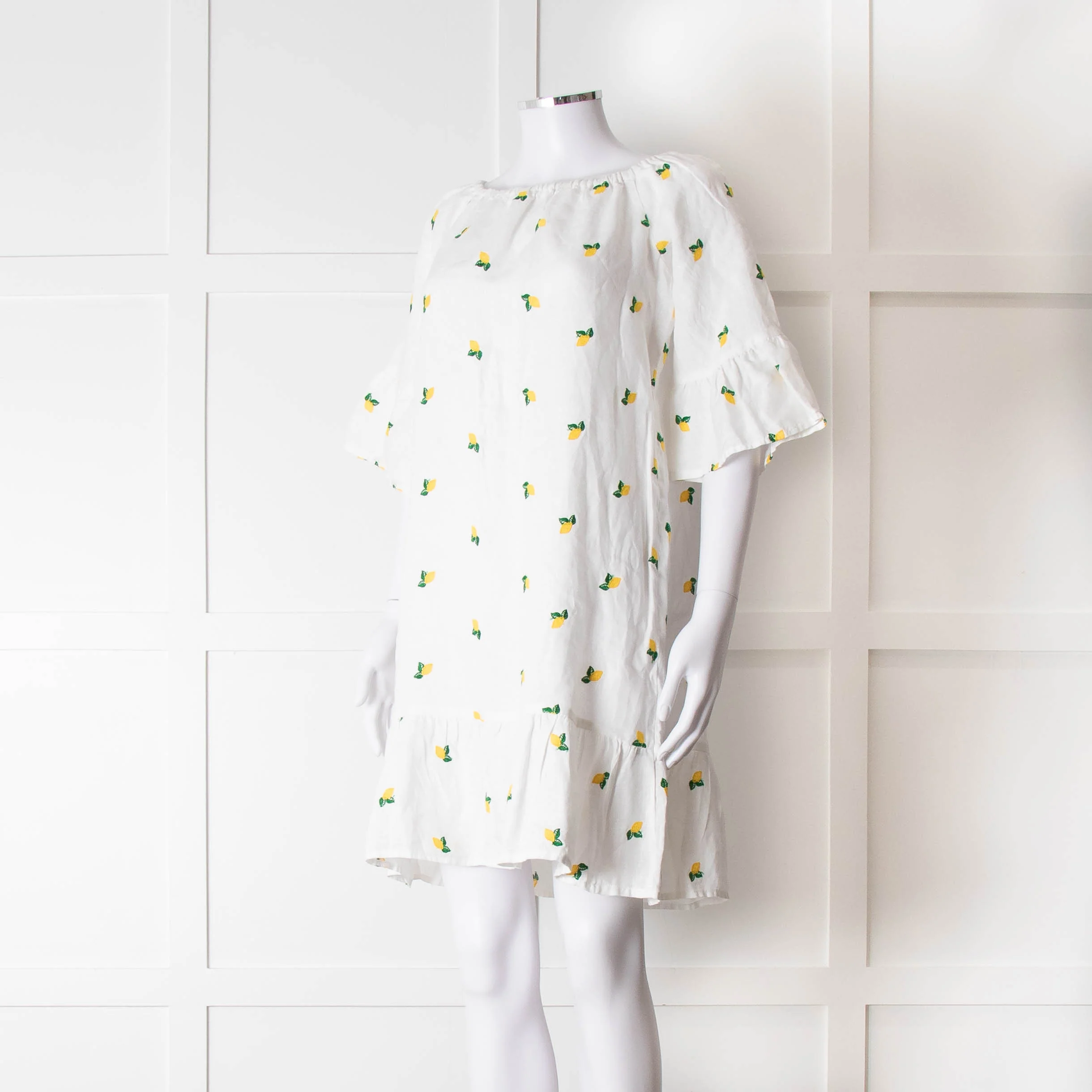 Sartoria Saracena White Lemon Embroidered Linen Frill Trim Dress - Image 8