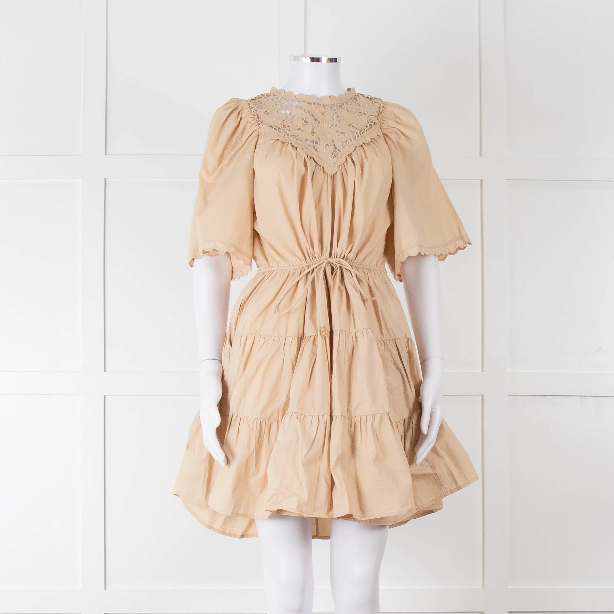 Scarlett Poppies Beige Cotton Lace Detail Tiered Short Dress