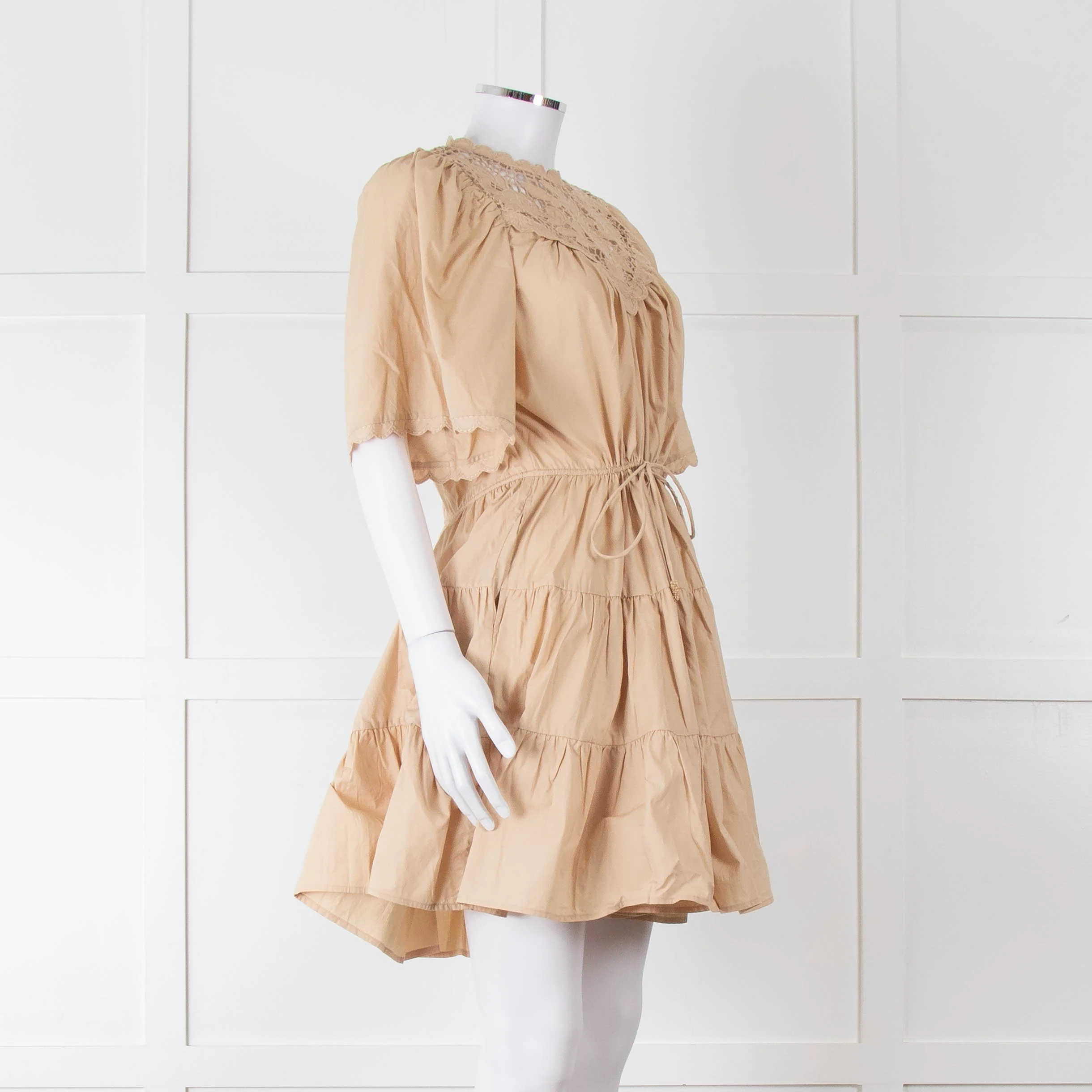 Scarlett Poppies Beige Cotton Lace Detail Tiered Short Dress - Image 2