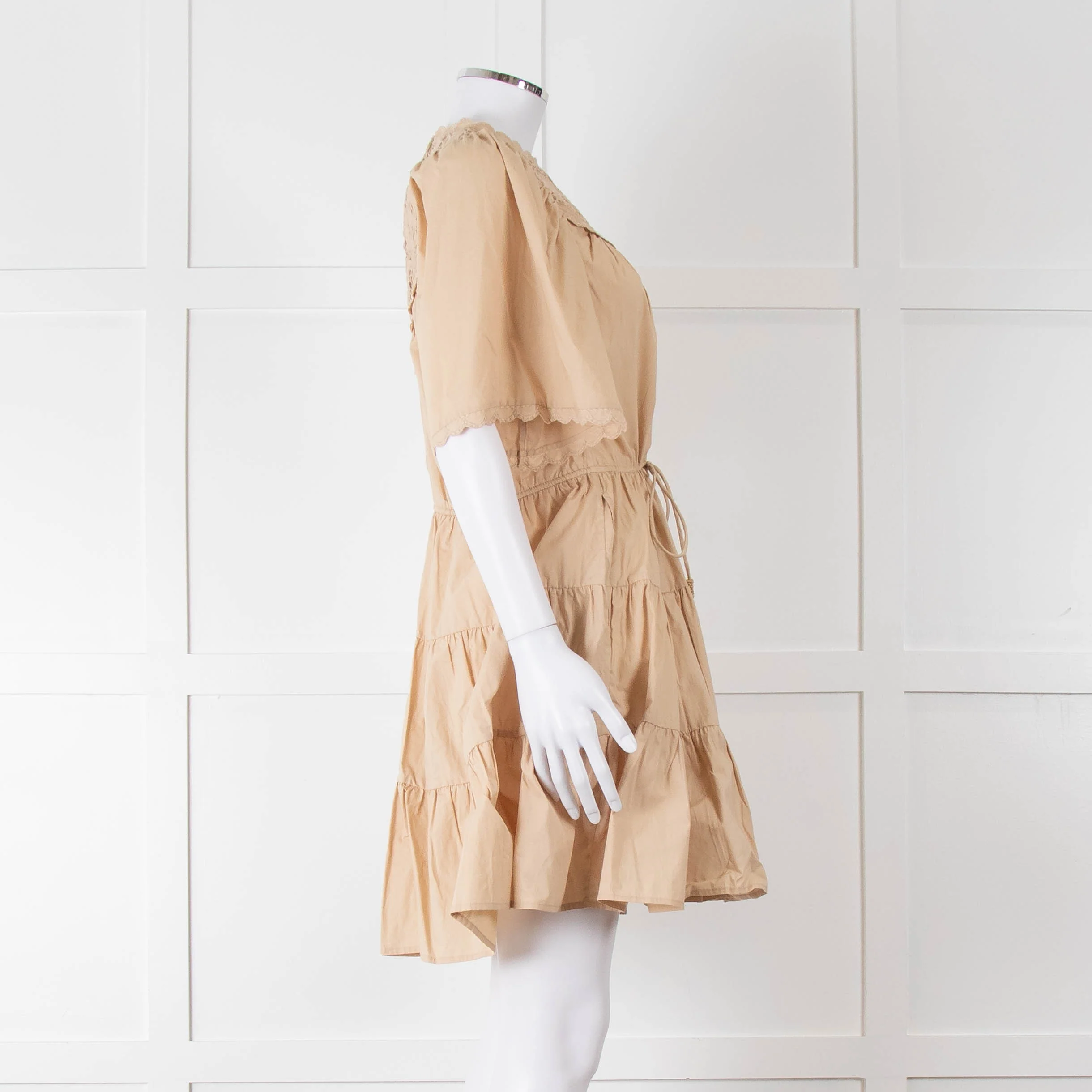 Scarlett Poppies Beige Cotton Lace Detail Tiered Short Dress - Image 3