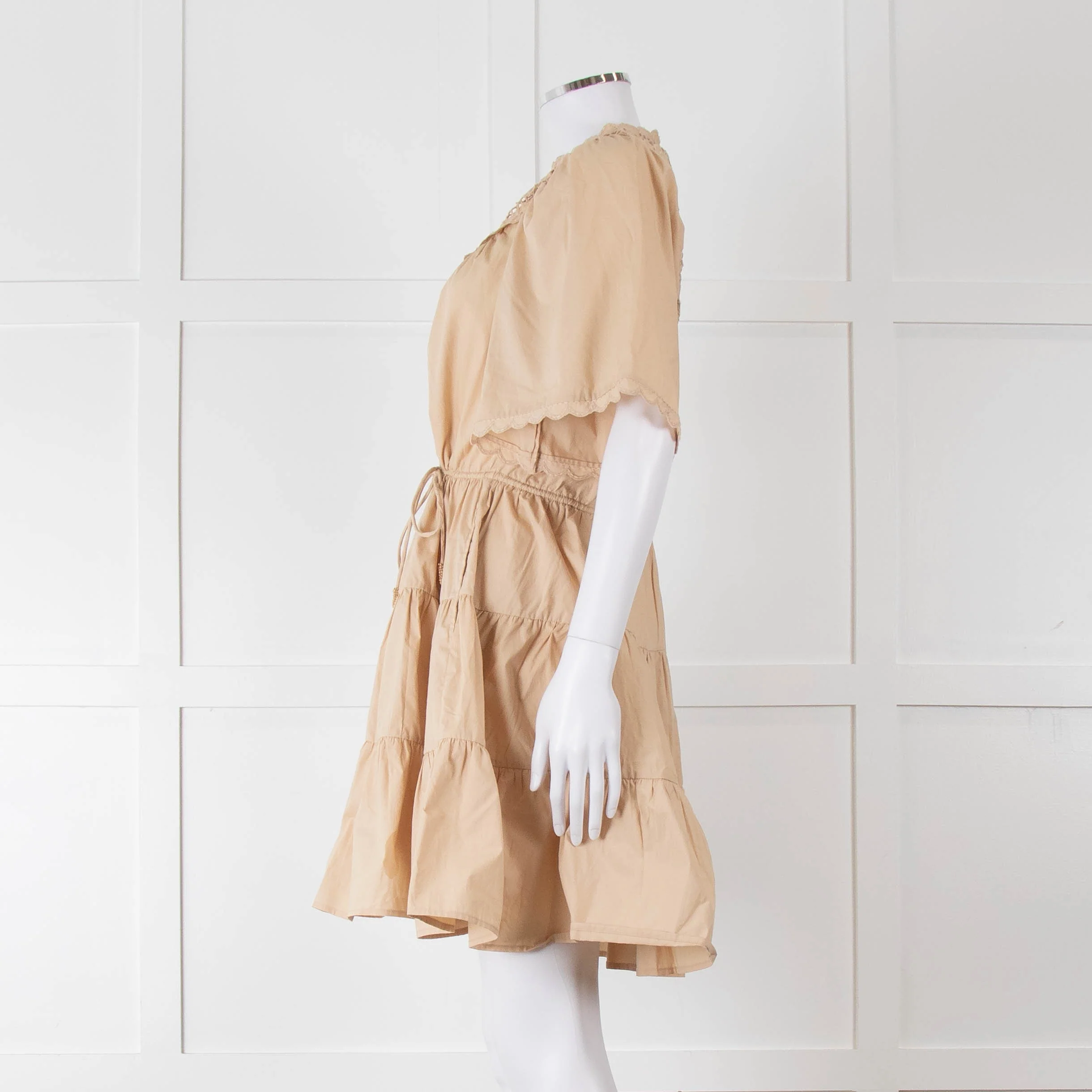 Scarlett Poppies Beige Cotton Lace Detail Tiered Short Dress - Image 7