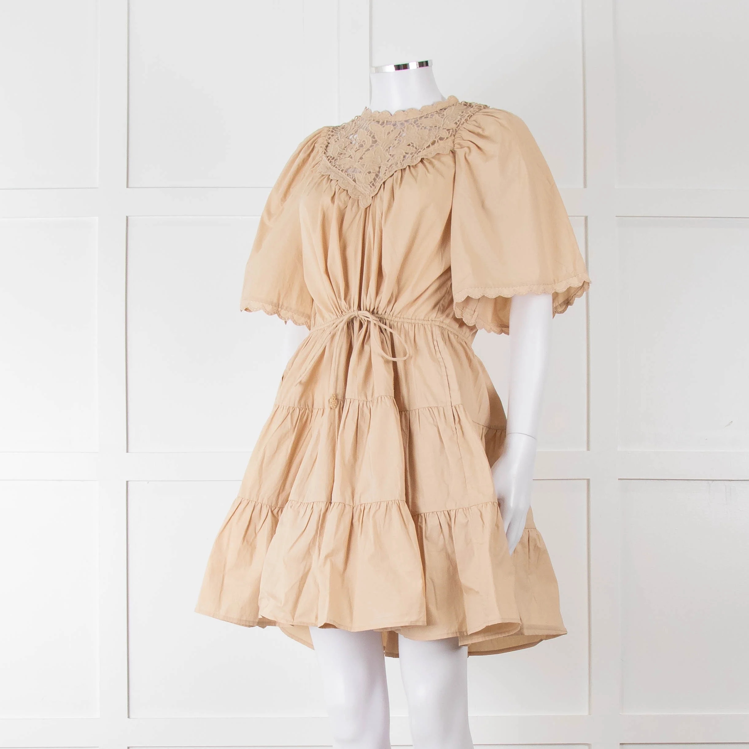 Scarlett Poppies Beige Cotton Lace Detail Tiered Short Dress - Image 8