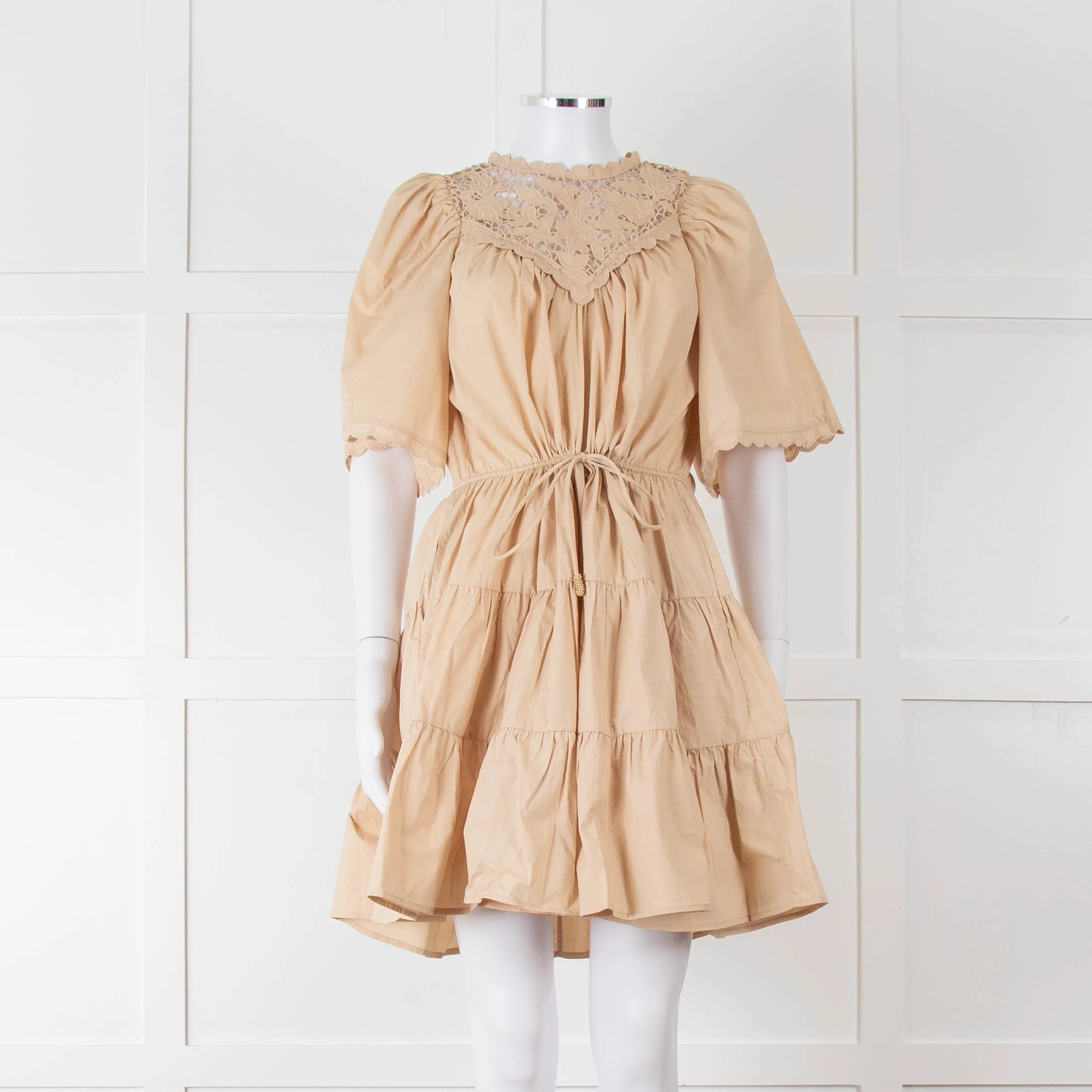 Scarlett Poppies Beige Cotton Lace Detail Tiered Short Dress - Image 9