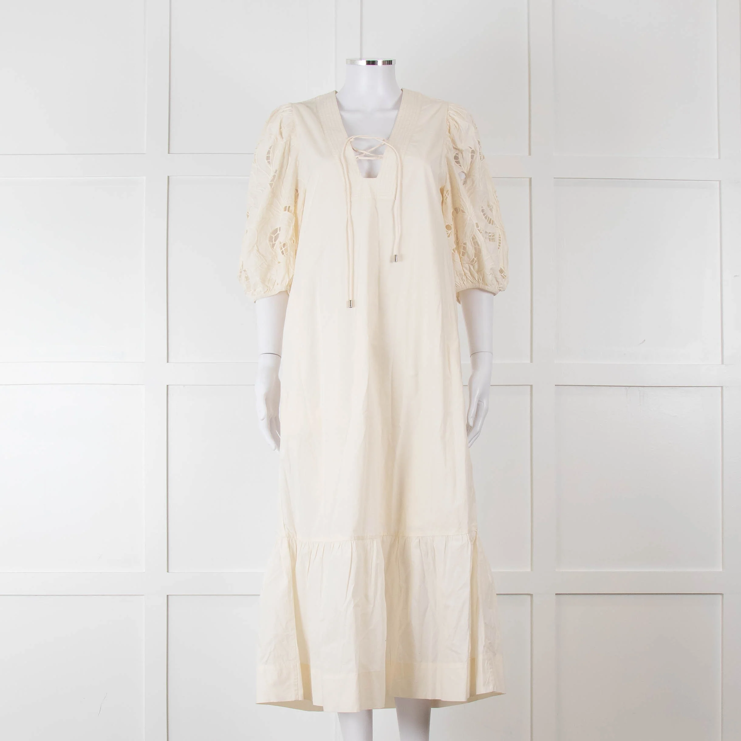 Scarlett Poppies Cream Cotton Broidery Puff Sleeve Maxi Dress