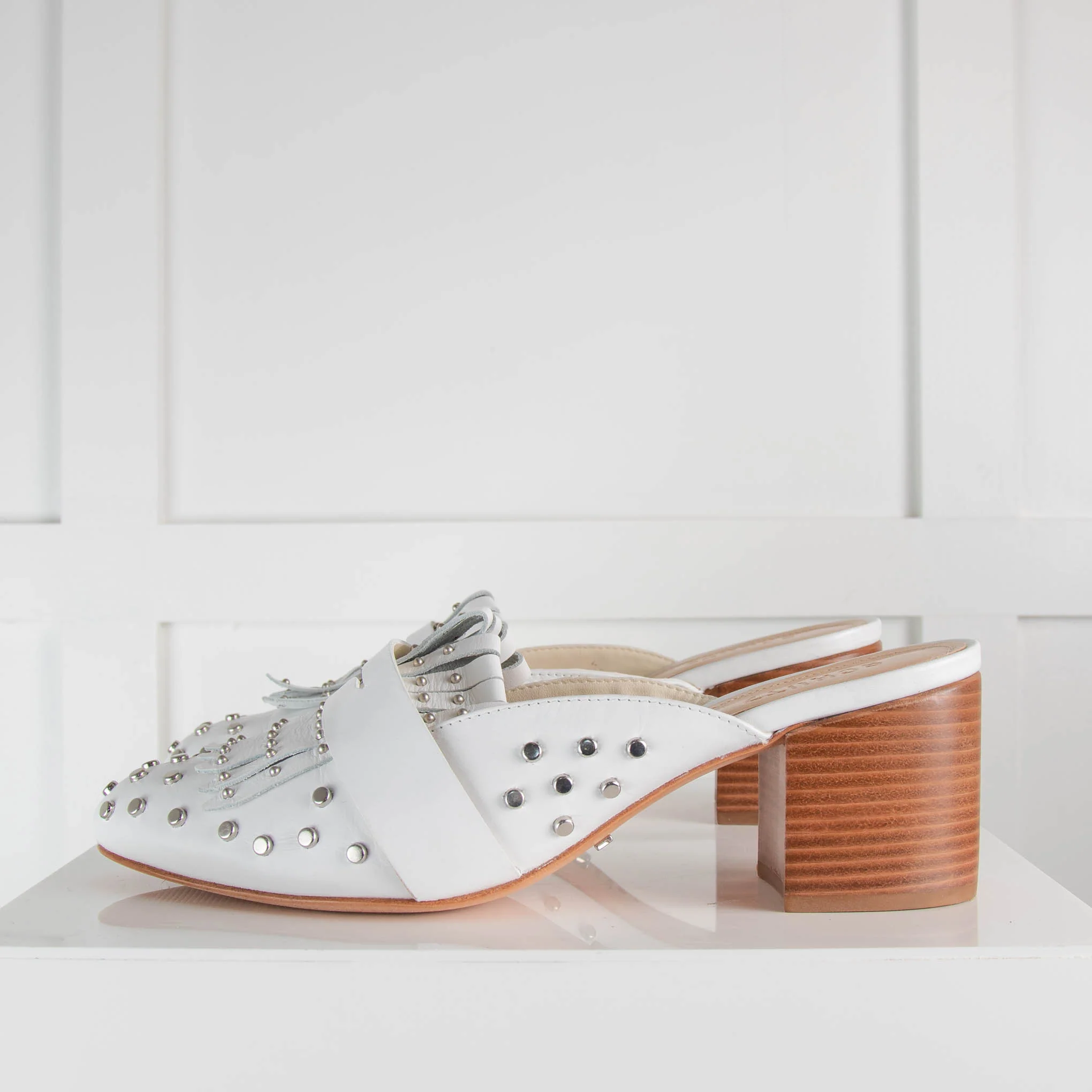 Schutz White Leather Studded Heeled Mules - Image 3