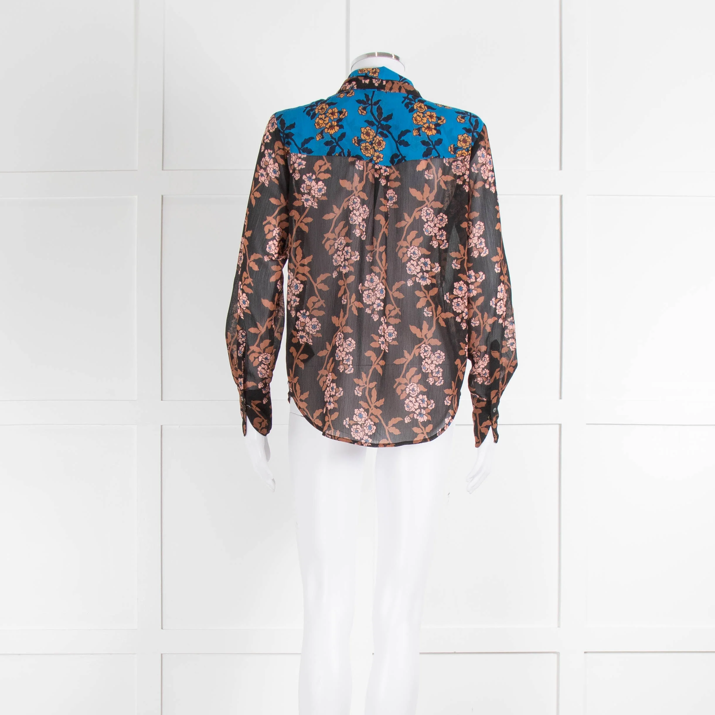 Scotch and Soda Floral Blouse with Electric Blue Shoulders and Tie Neck - Image 3