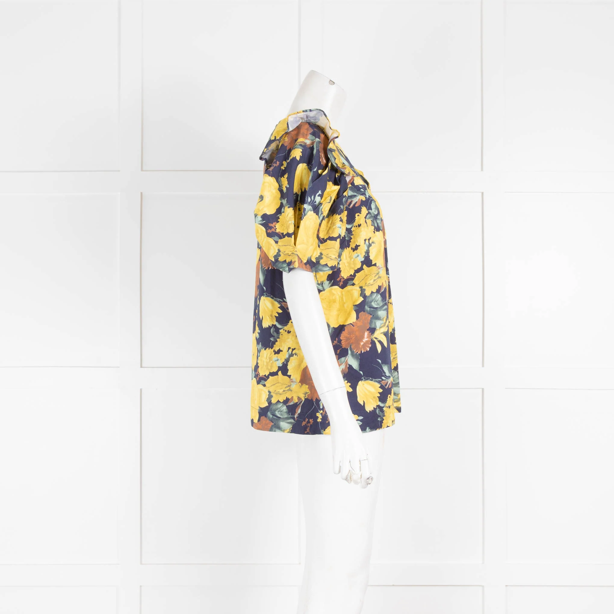 Sea Blue Yellow Floral Print Short Sleeve Top - Image 2