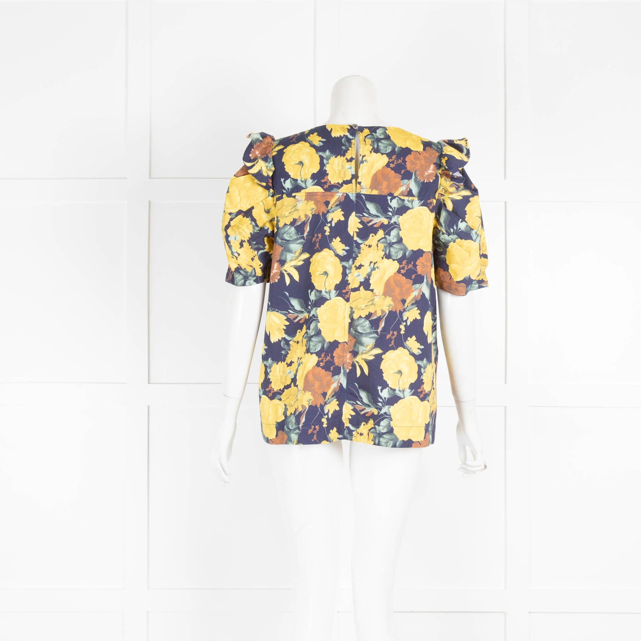 Sea Blue Yellow Floral Print Short Sleeve Top - Image 3