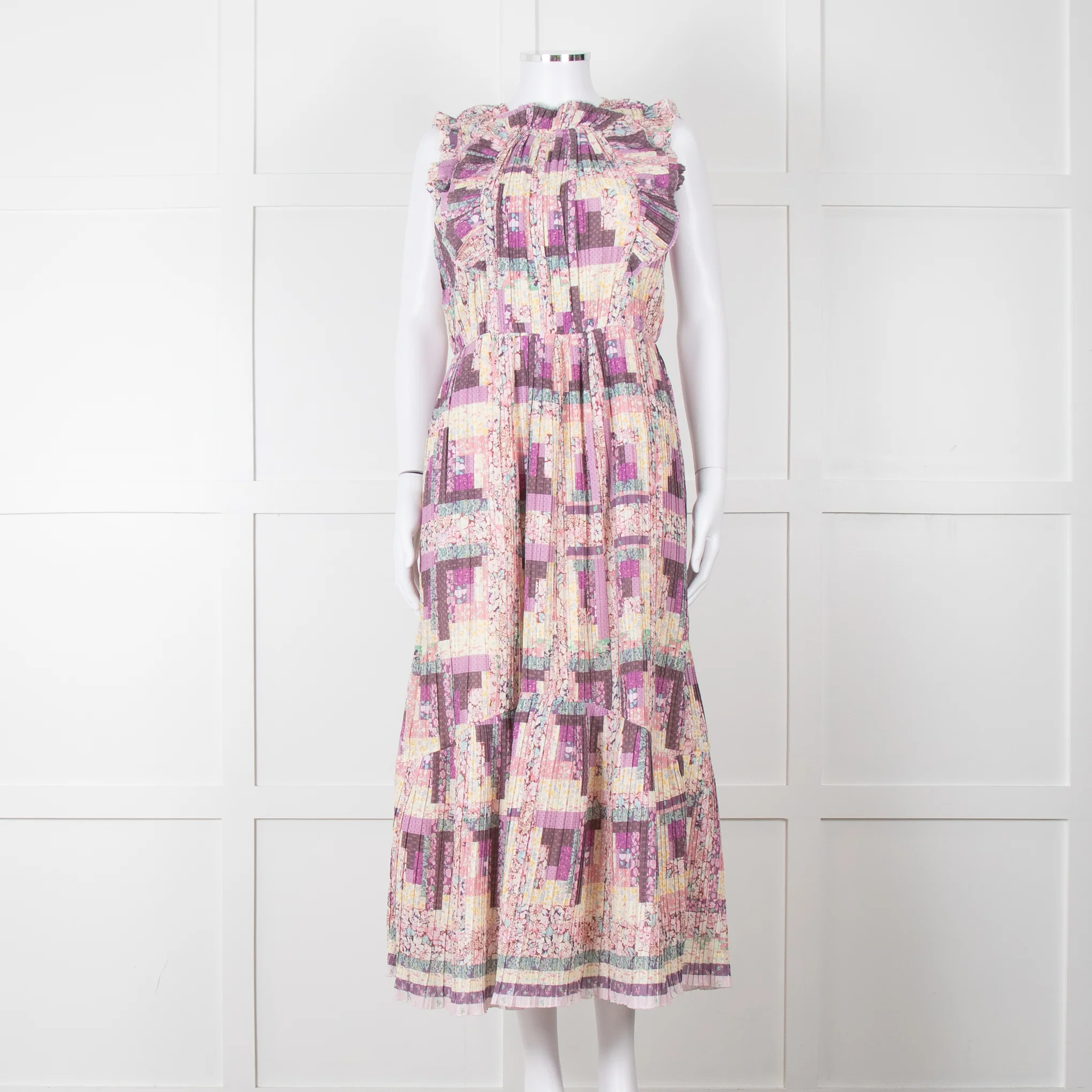 Sea New York Multi Floral Pleated Frill Detail Cotton Maxi Dress