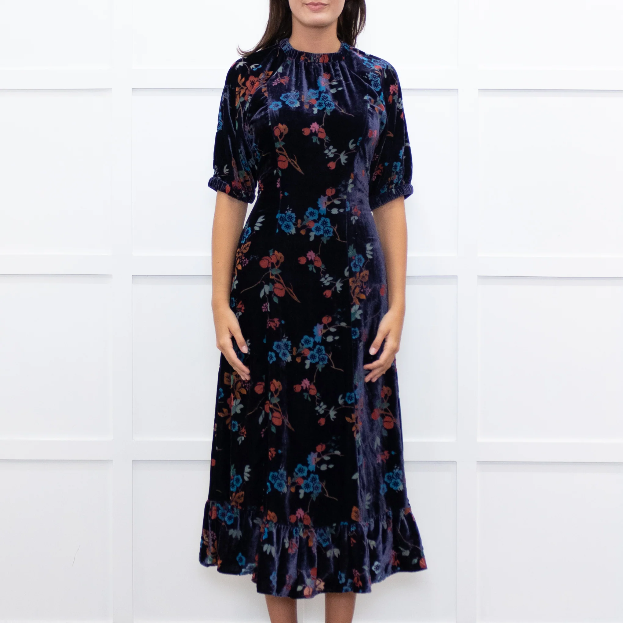 Sea New York Navy Rust Devore Puff Sleeve Midi Dress - Image 2