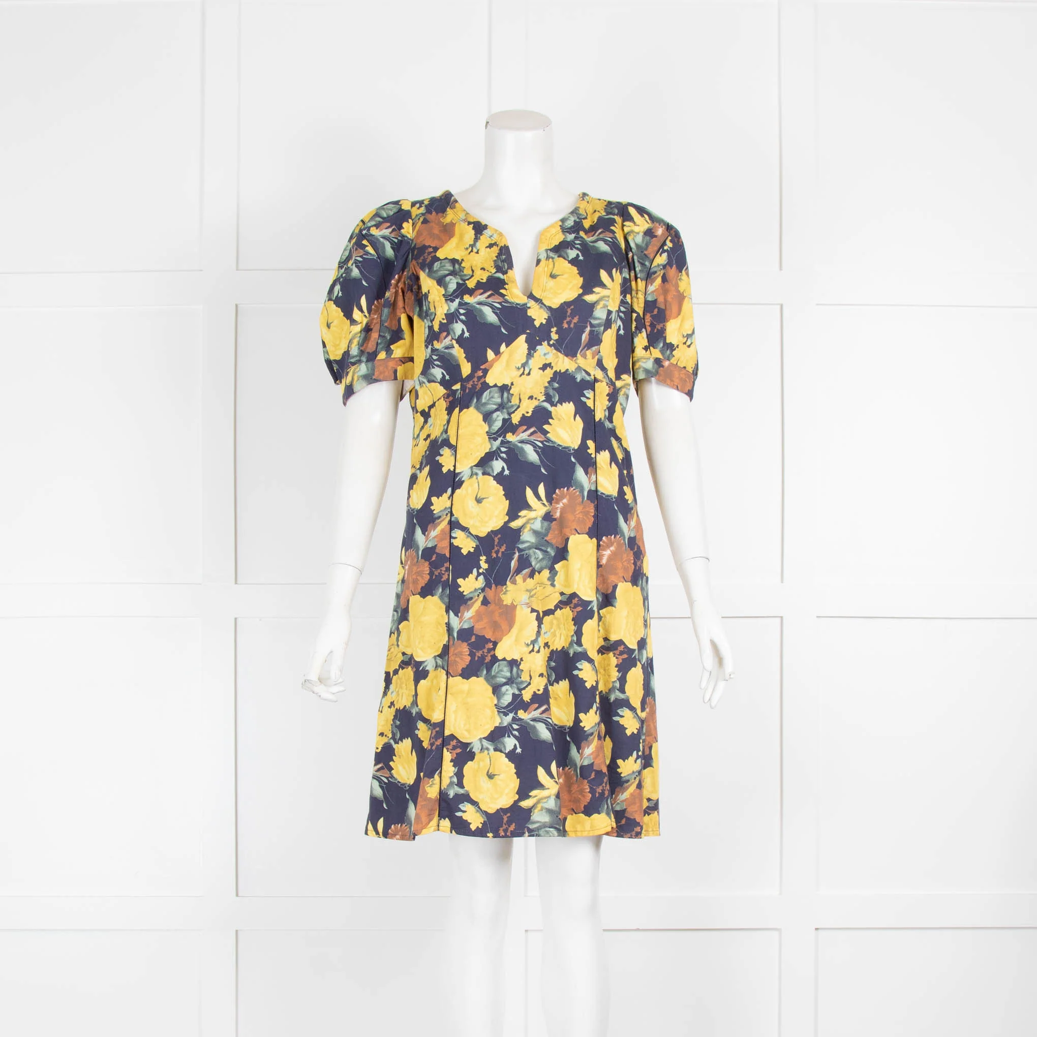 Sea New York Navy Yellow Floral V Neck Dress
