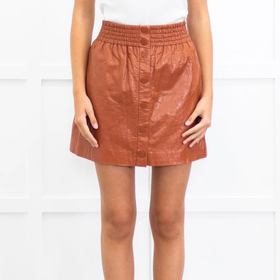 Sea New York Clay Brown Vegan Leather Popper Front Mini Skirt - Image 2