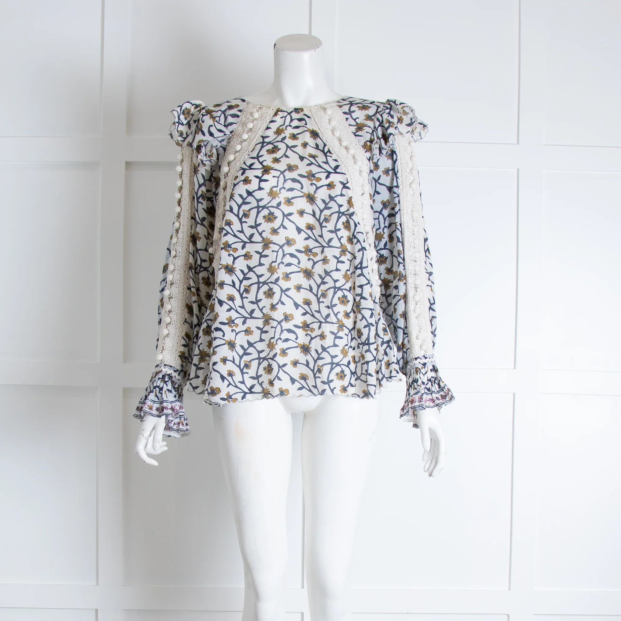 Sea New York White Blue Floral Crochet Trim Long Sleeve Top