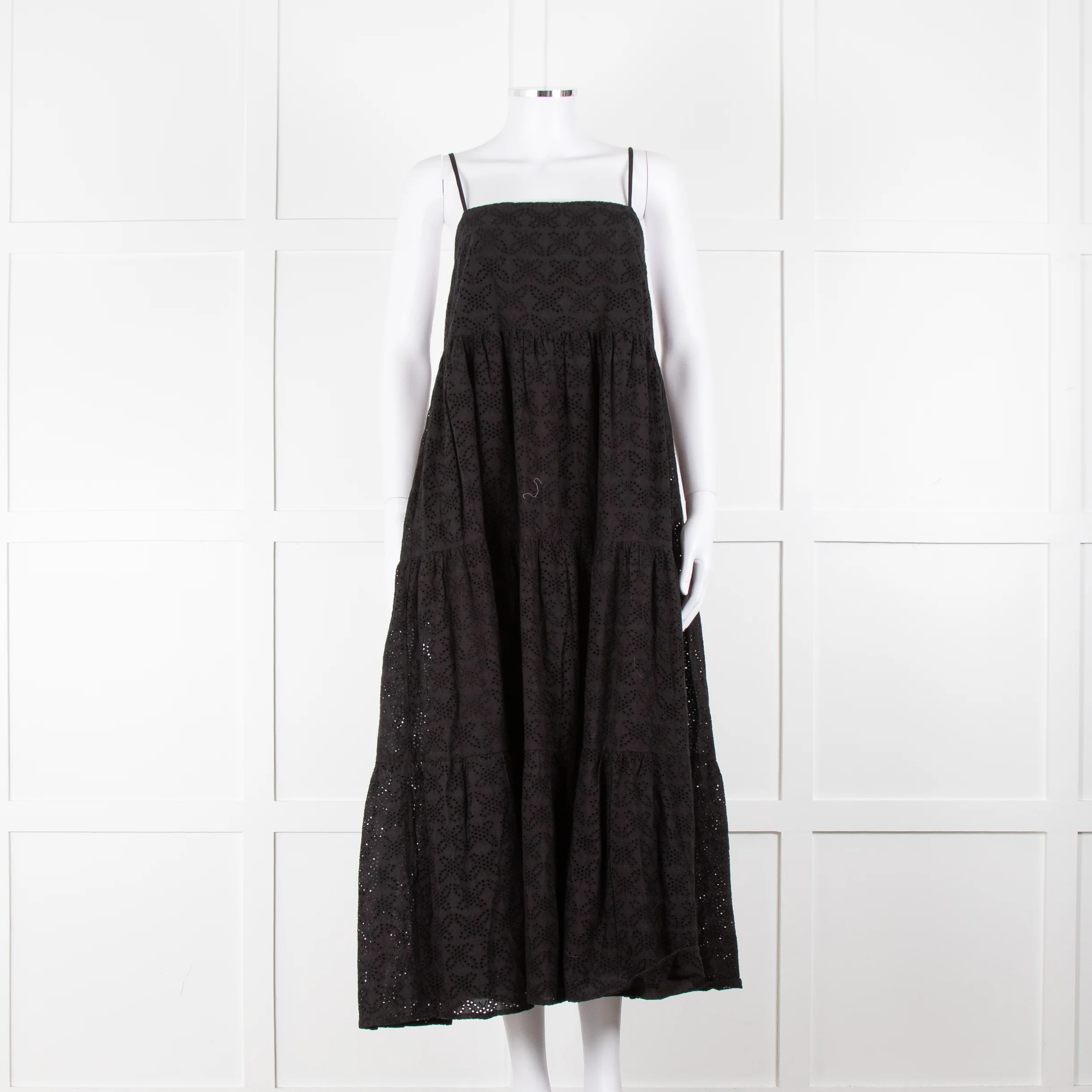 Seafolly Black Broderie Anglaise Tiered Strappy Midi Dress