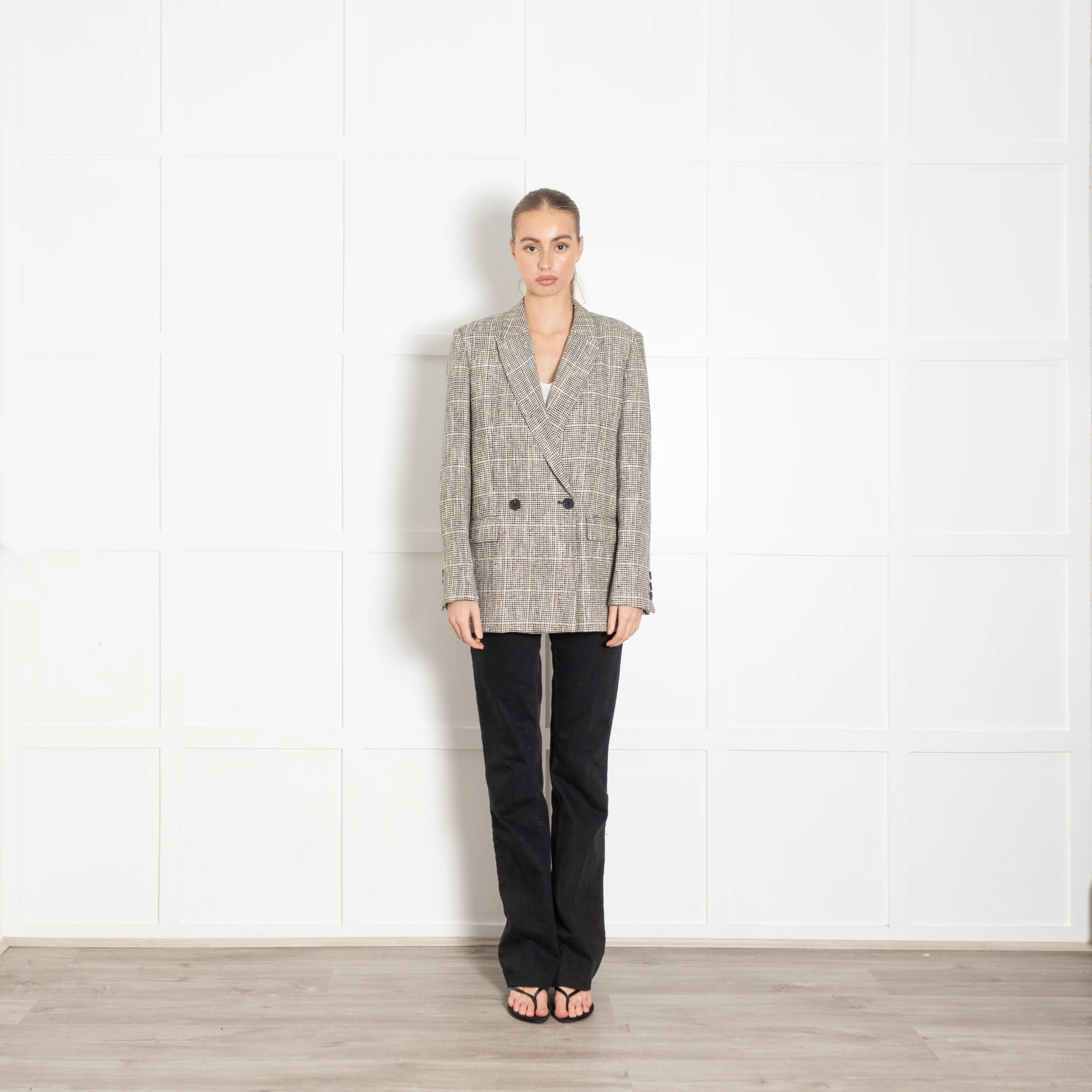 Second Female Black And Cream Check Long Blazer