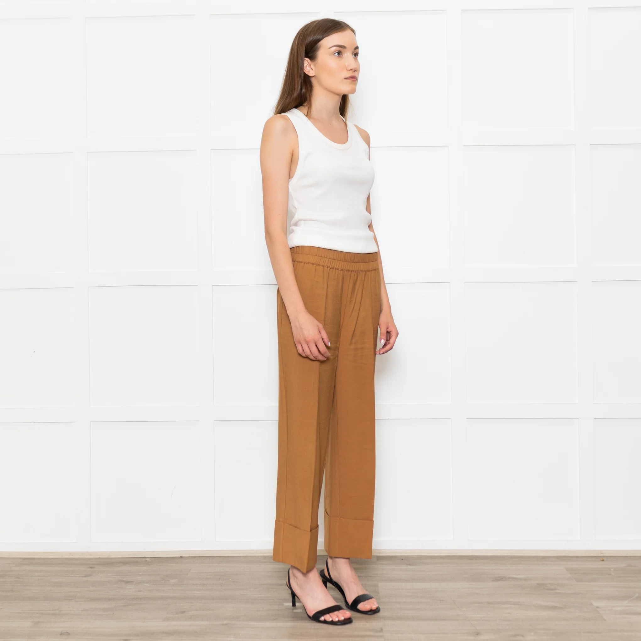 Second Female Tan Elastic Waist Turned Up Trousers - Image 6