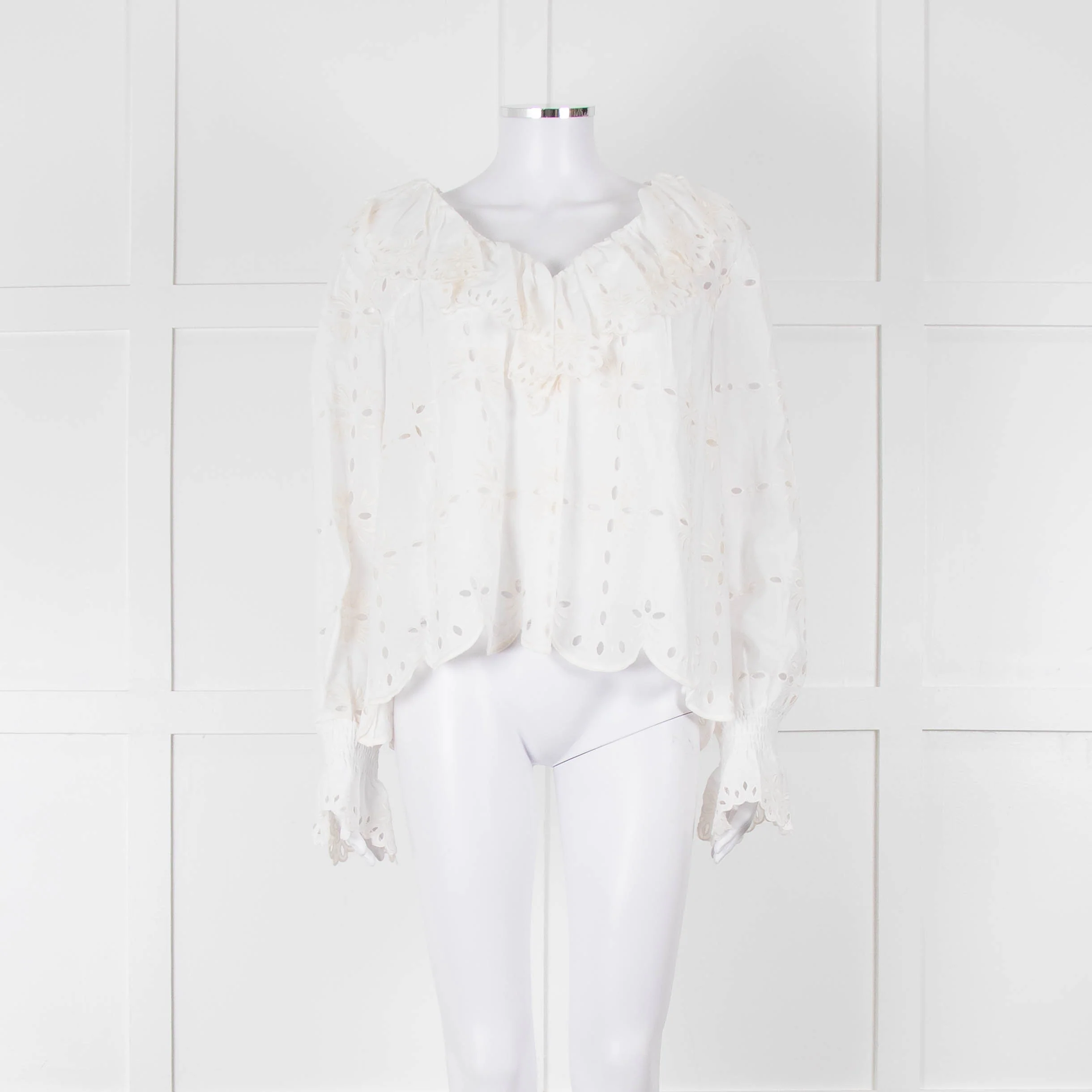See By Chloe Cream Broderie Cotton Frill Neck Blouse