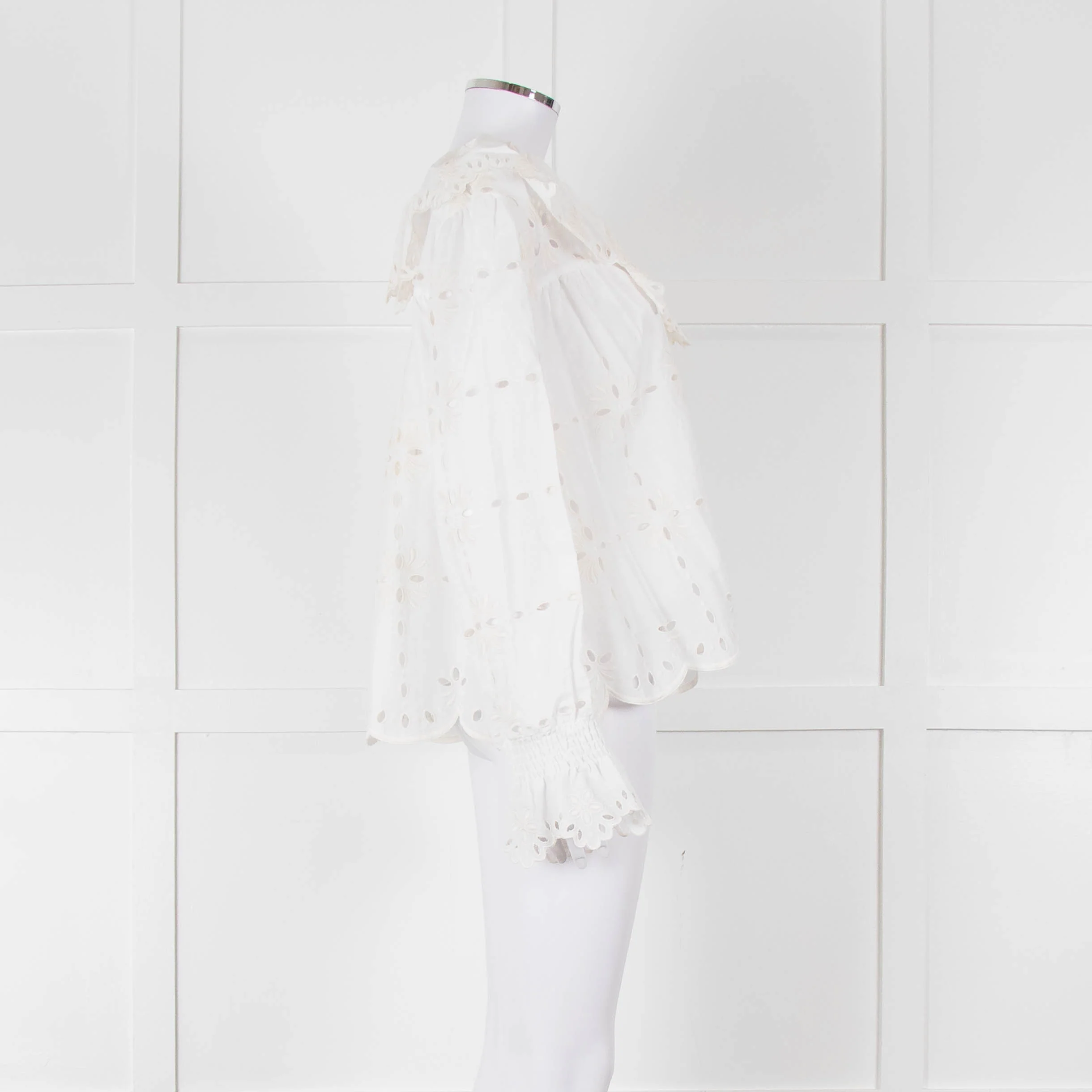 See By Chloe Cream Broderie Cotton Frill Neck Blouse - Image 3