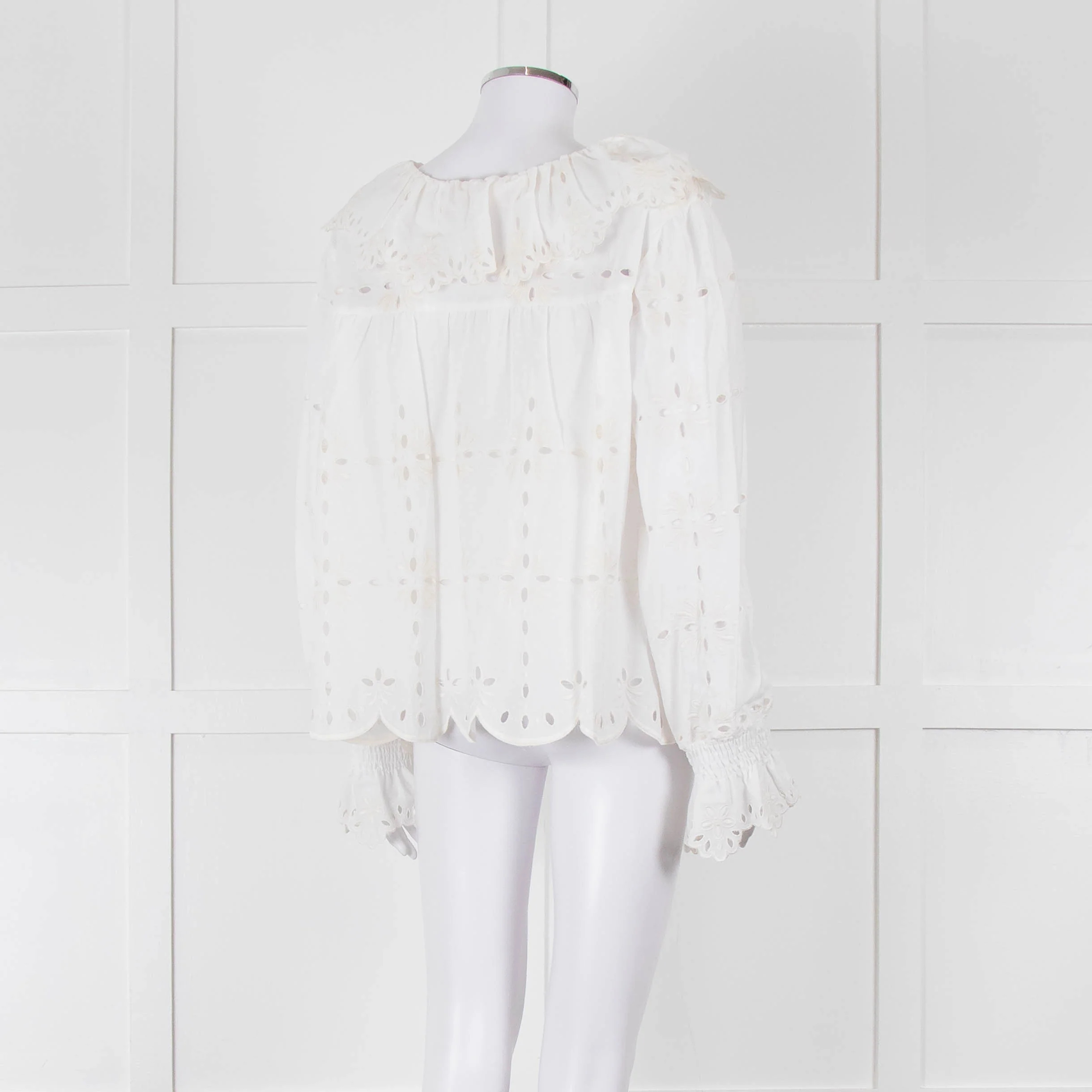 See By Chloe Cream Broderie Cotton Frill Neck Blouse - Image 4