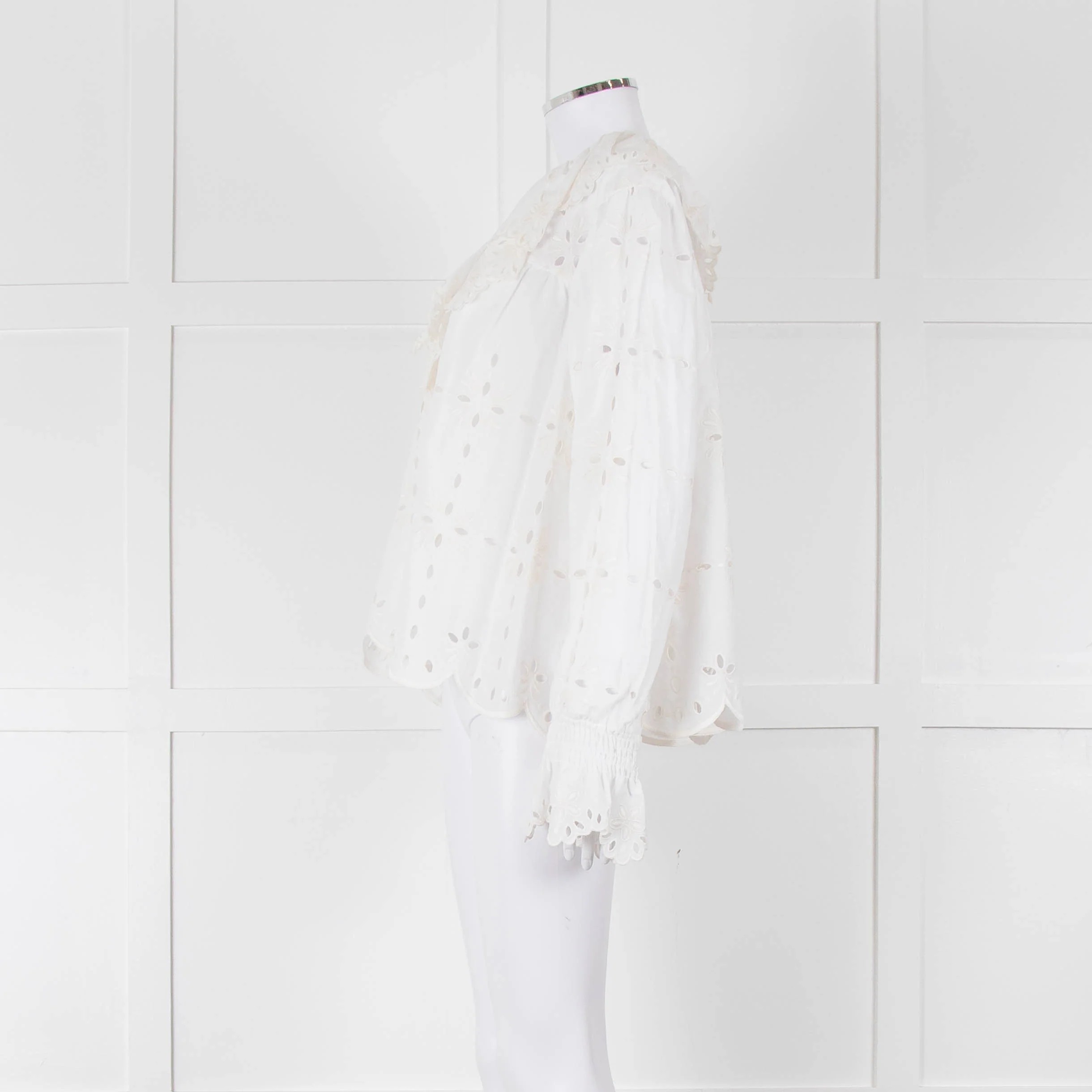 See By Chloe Cream Broderie Cotton Frill Neck Blouse - Image 7