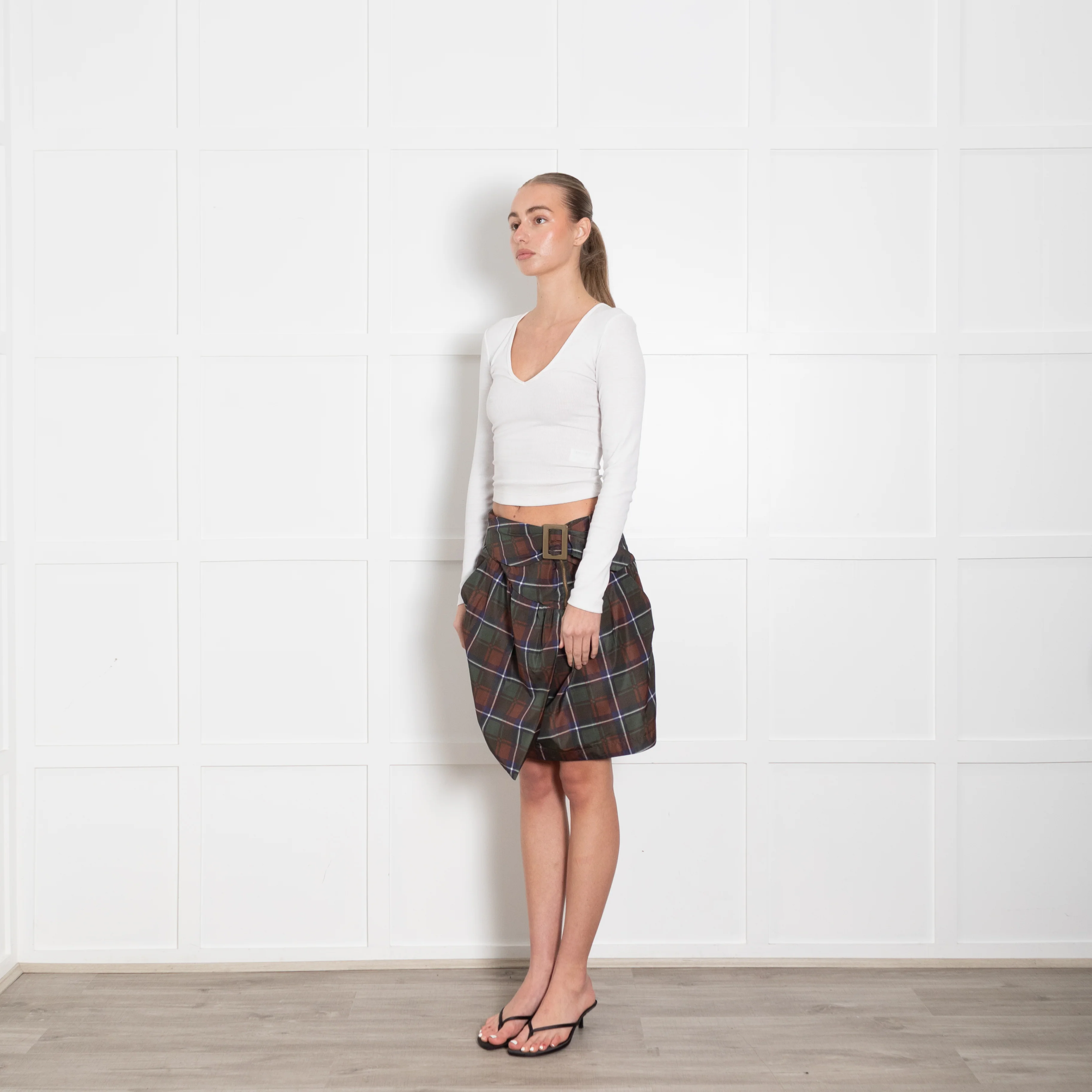 See By Chloe Green Brown Tartan Buckle Detail Mini Skirt - Image 3