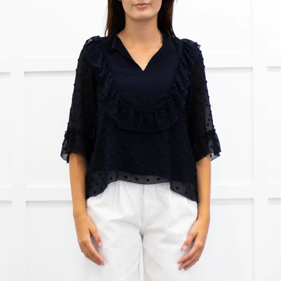 See By Chloe Navy Frilled Sheer Blouse - Image 2