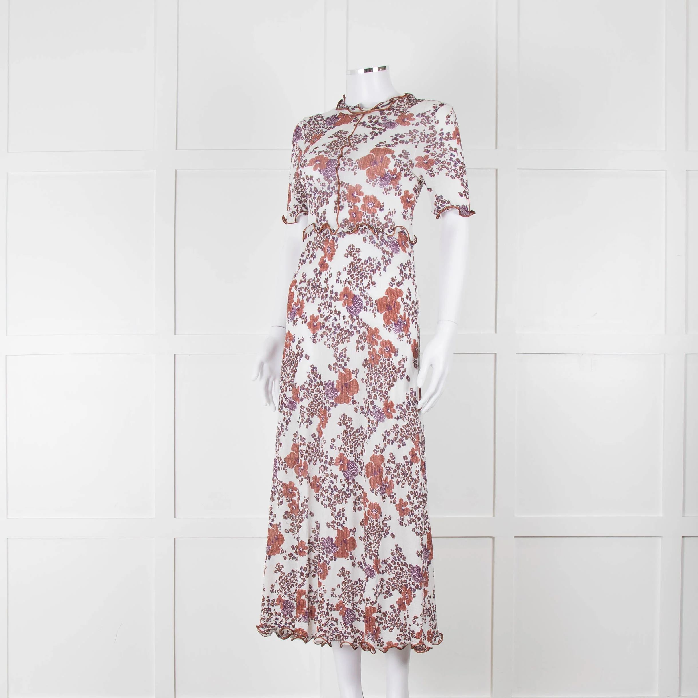 See By Chloe White Brown Floral Short Sleeve Dress With Slip - Image 8