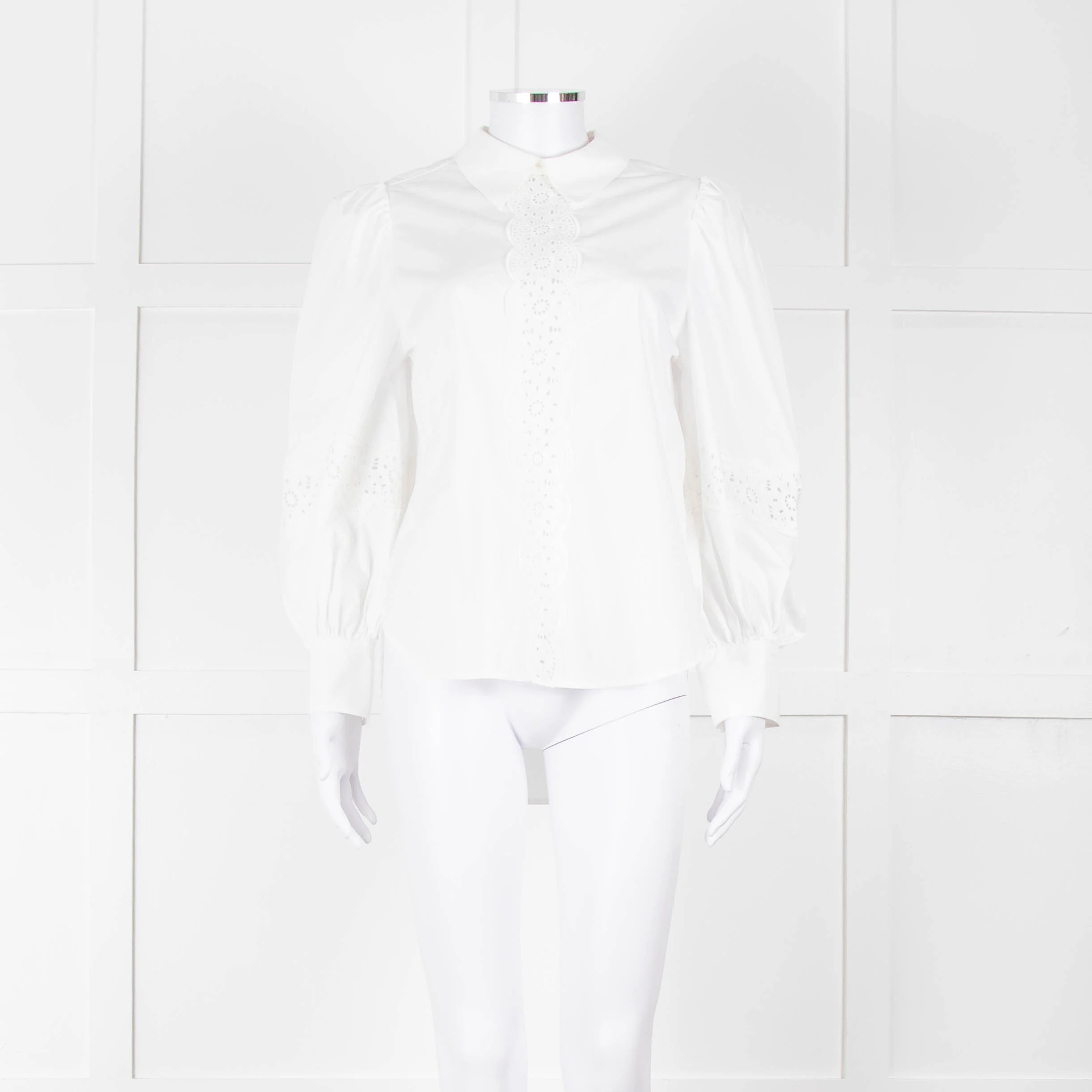 See By Chloe White Cotton Lace Detail Puff Sleeve Top