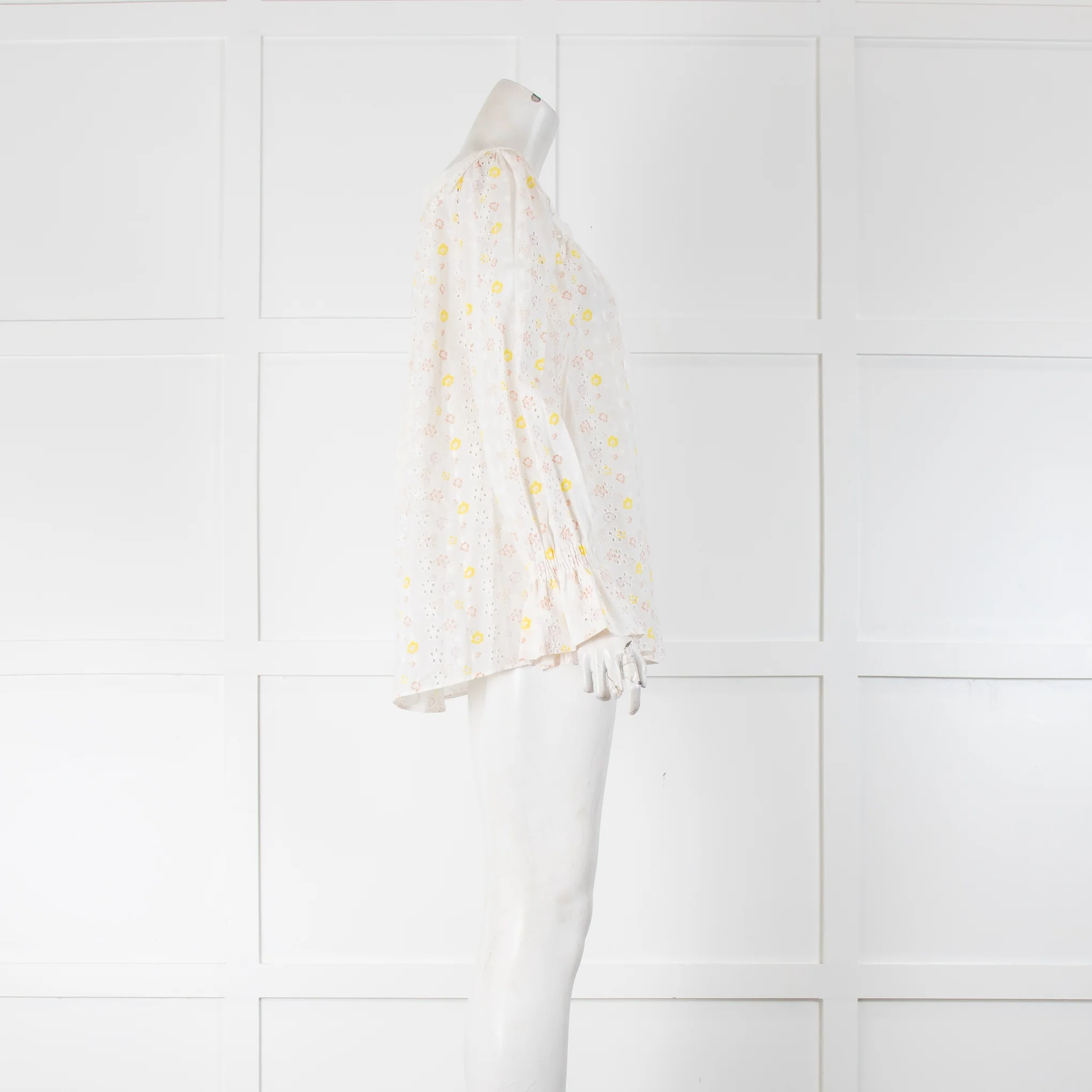 See By Chloé White Yellow Peach Flower Broderie Cotton Frill Cuff Tops - Image 2