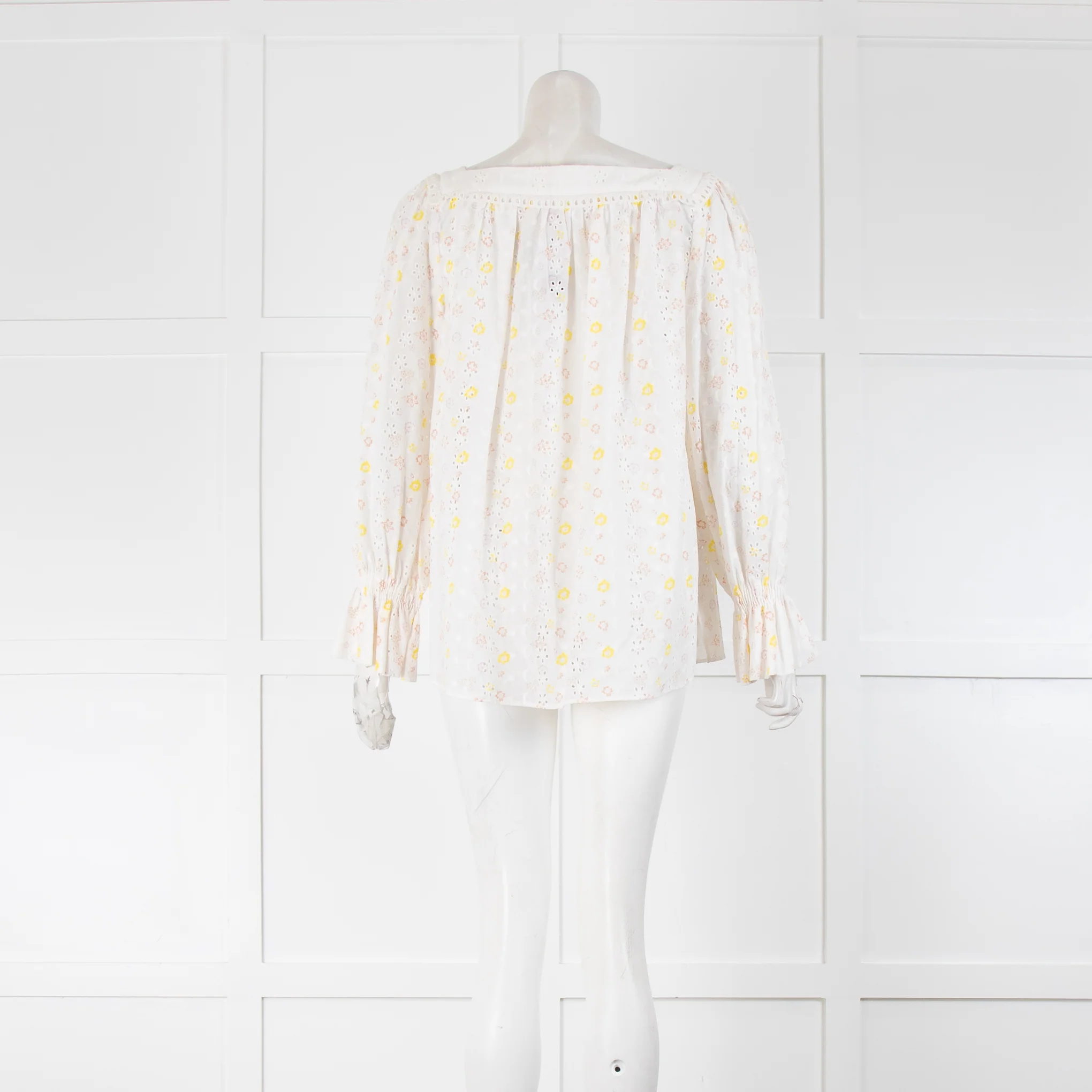 See By Chloé White Yellow Peach Flower Broderie Cotton Frill Cuff Tops - Image 3