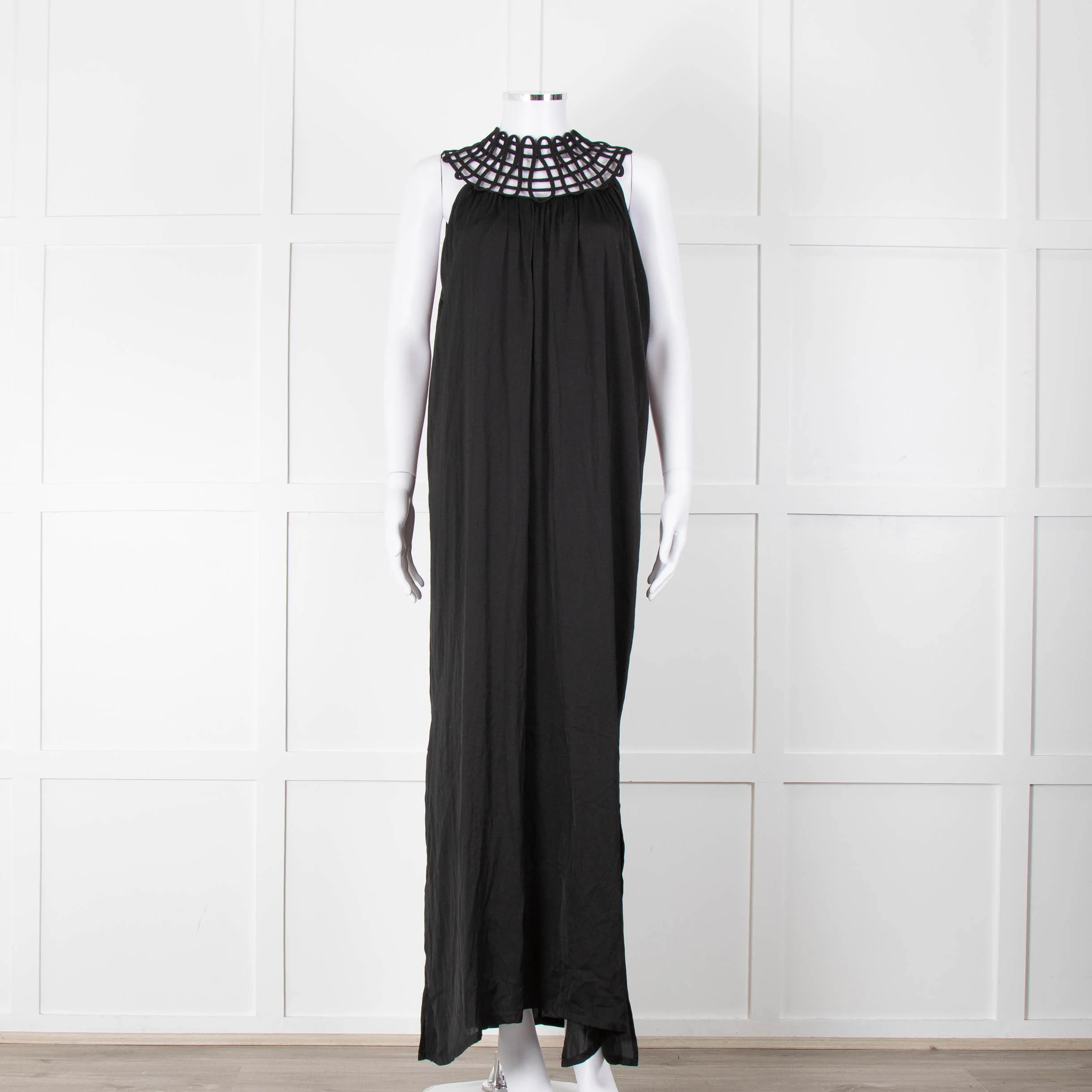 See The Sea Black Cage Neck 100% Silk Maxi Dress