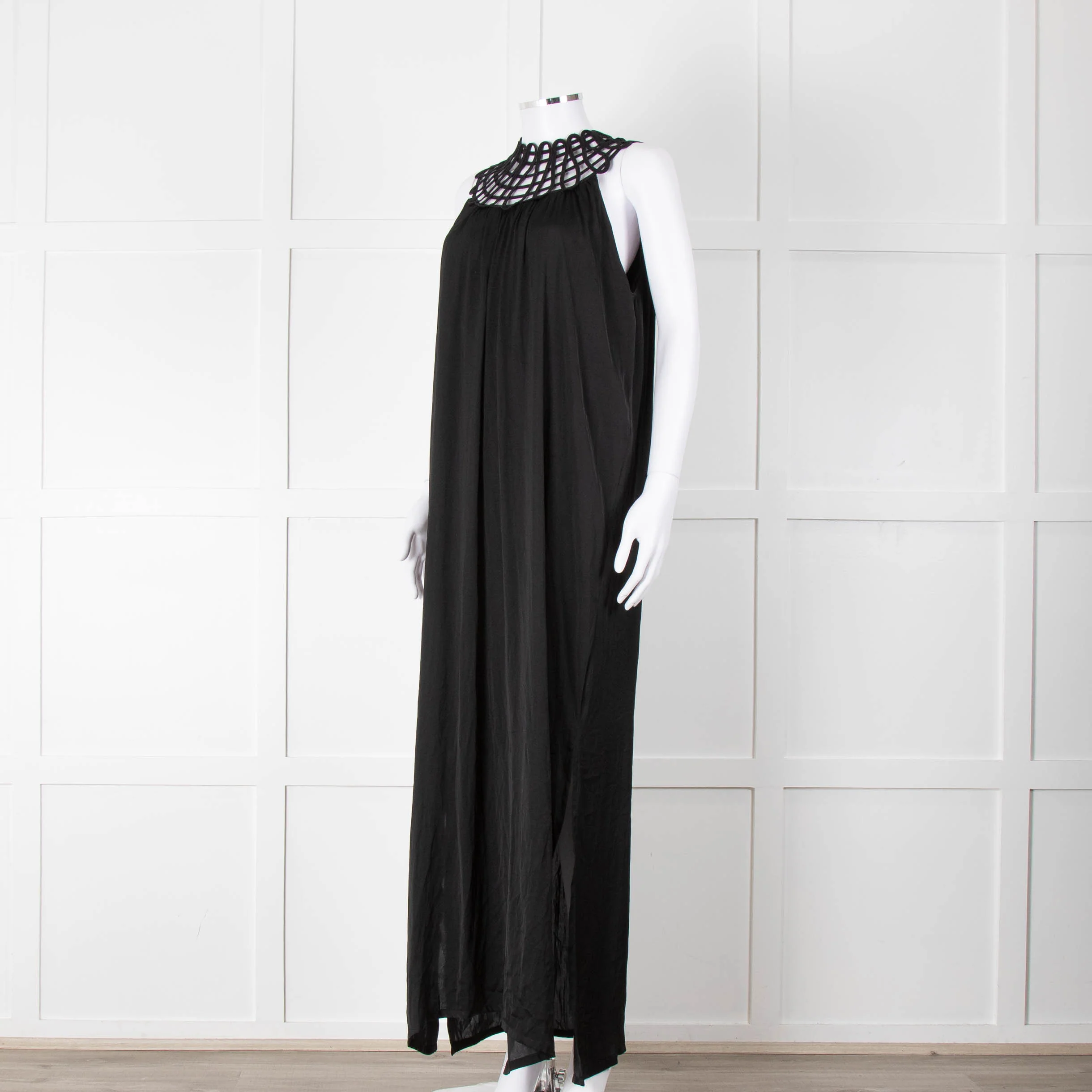 See The Sea Black Cage Neck 100% Silk Maxi Dress - Image 8