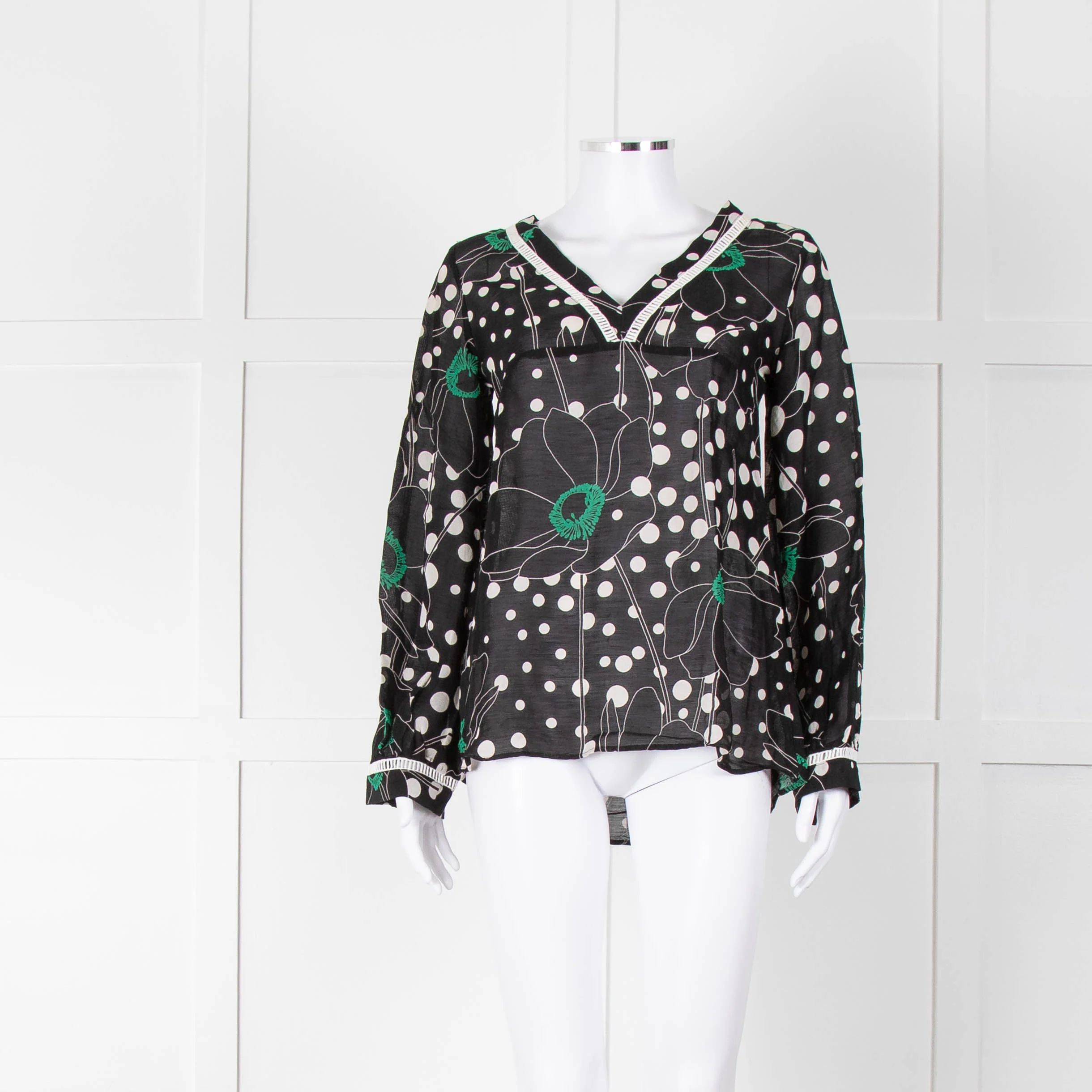 See By Chloe Black Floral And Dot Print V Neck Top