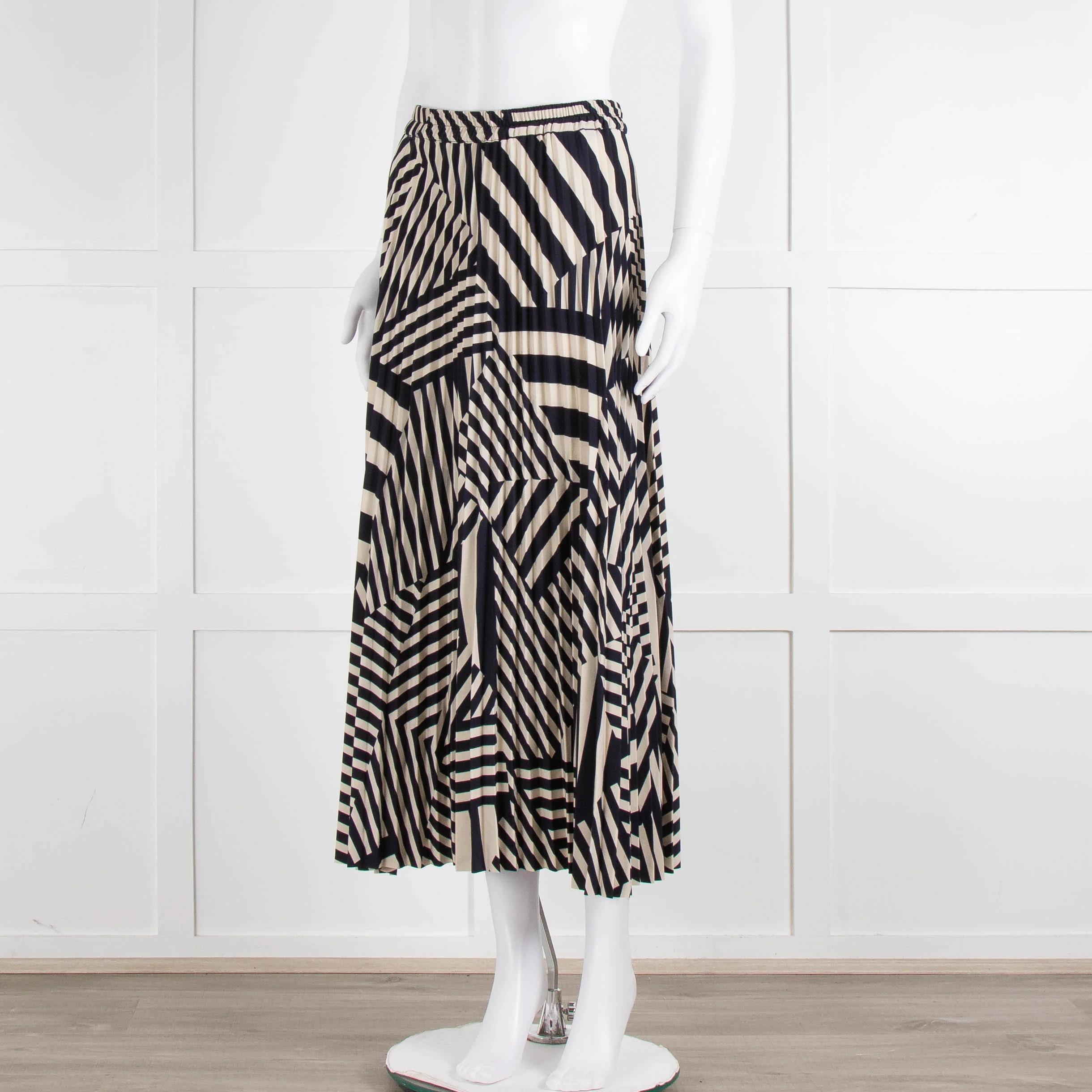 Selected Femme Cream Navy Geometric Stripe Pleated Skirt - Image 8