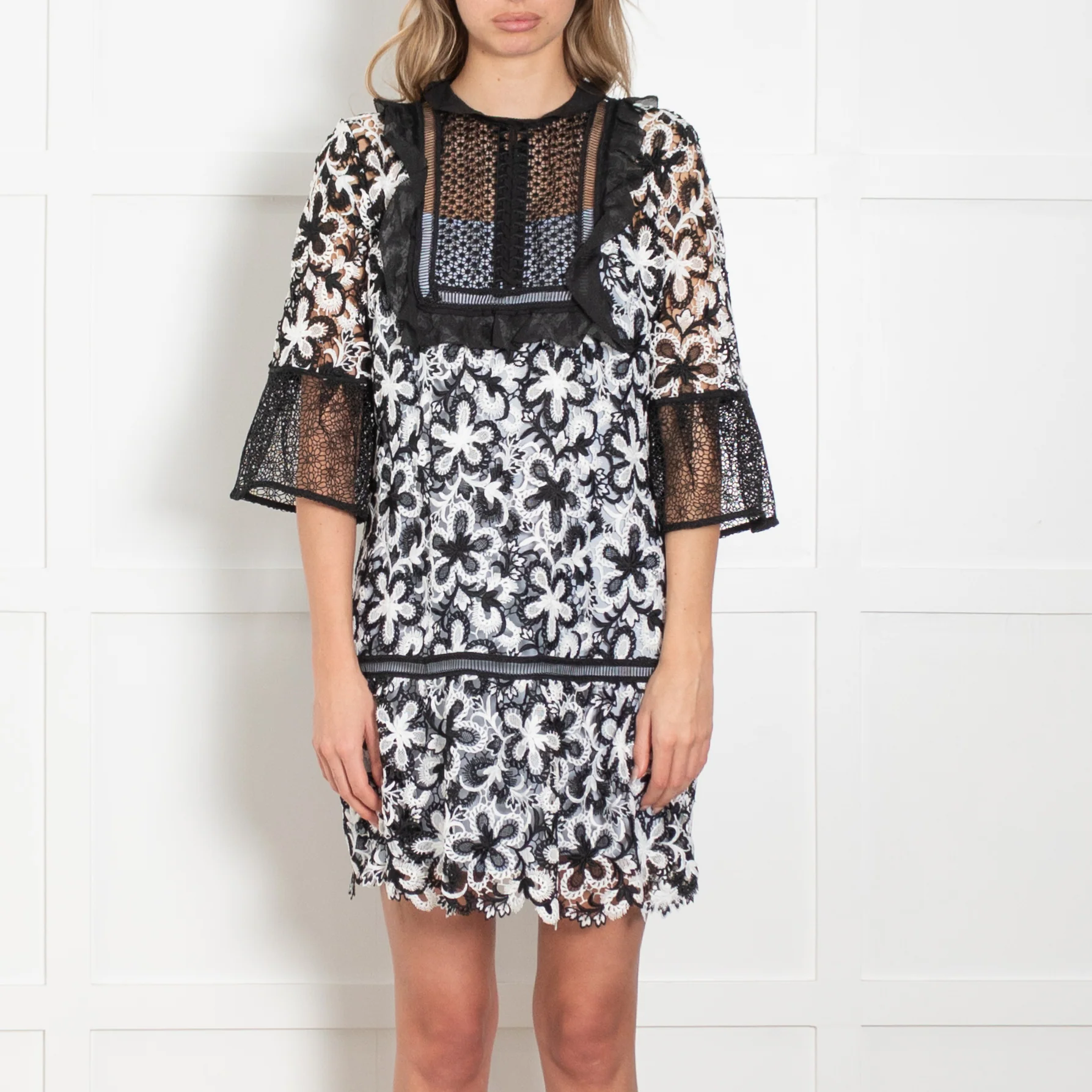 Self Portrait Black And White Lace Antoinette Long Sleeve Mini Dress - Image 2