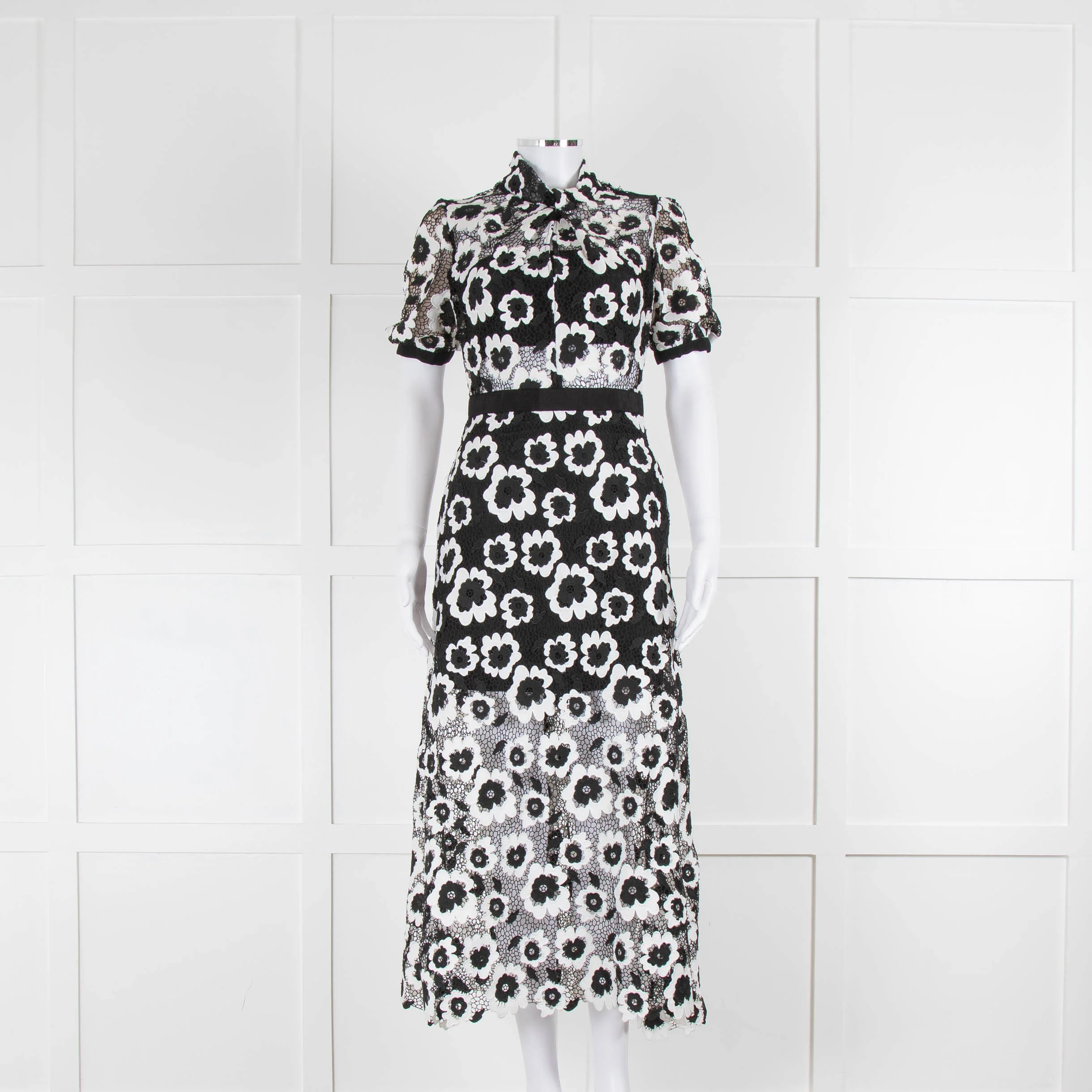 Self-Portrait Black and White Lace Short Sleeve Midi Dress