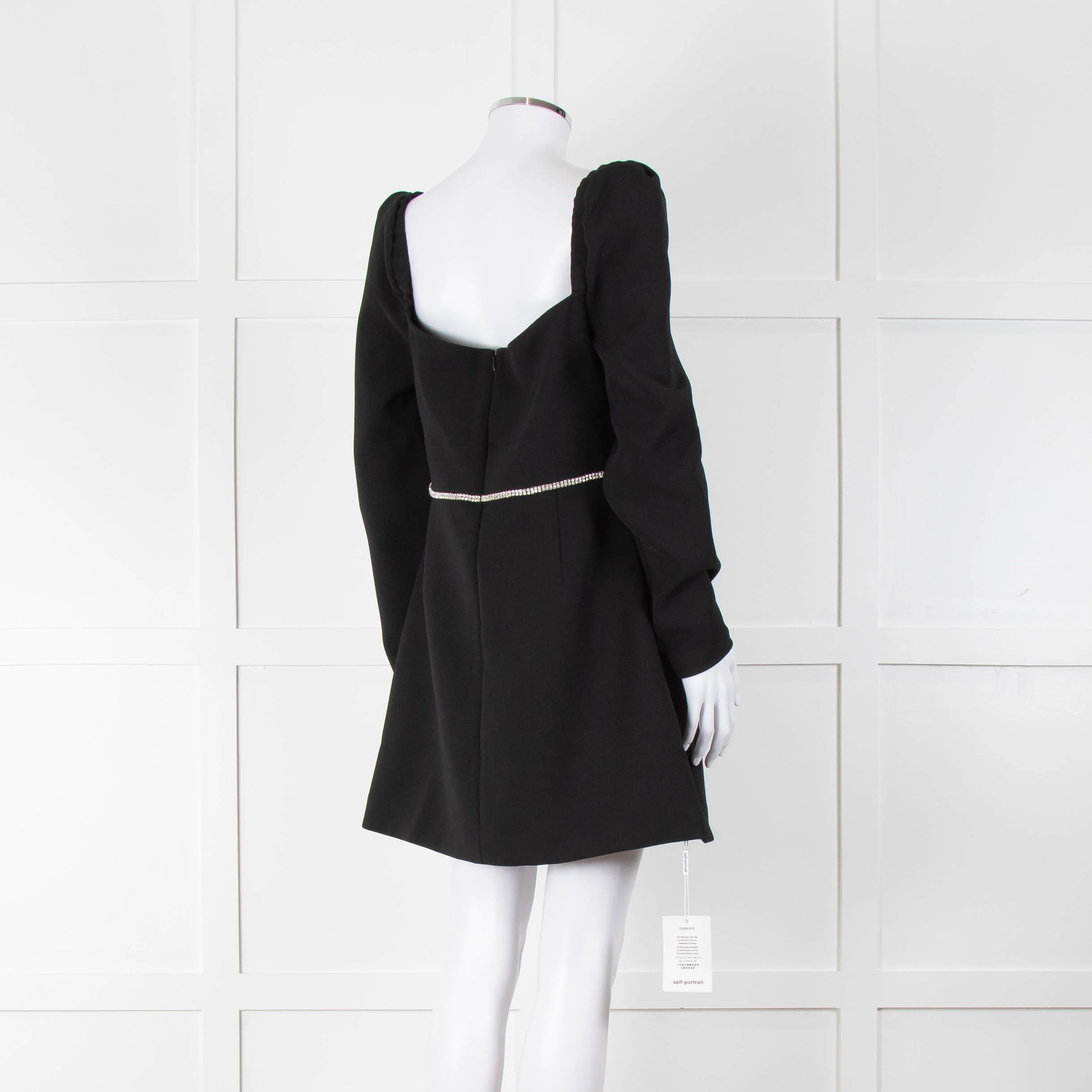 Self-Portrait Black Crepe Diamante Long Sleeve Mini Dress - Image 4