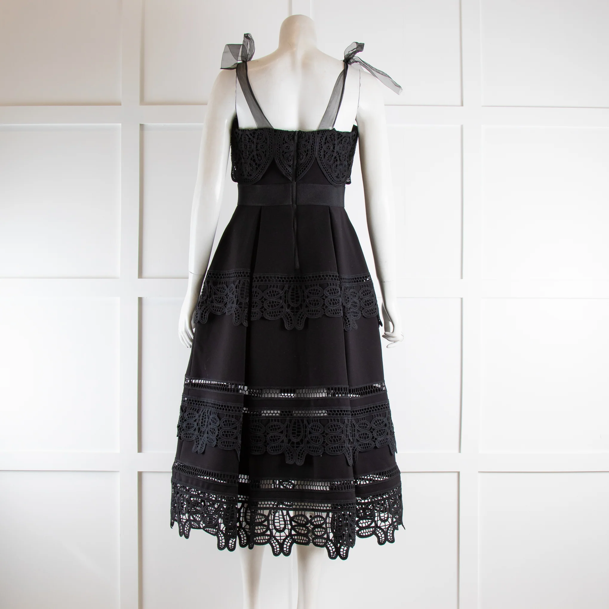 Self Portrait Black Guipure Trimmed Dress with Bow Straps - Image 3