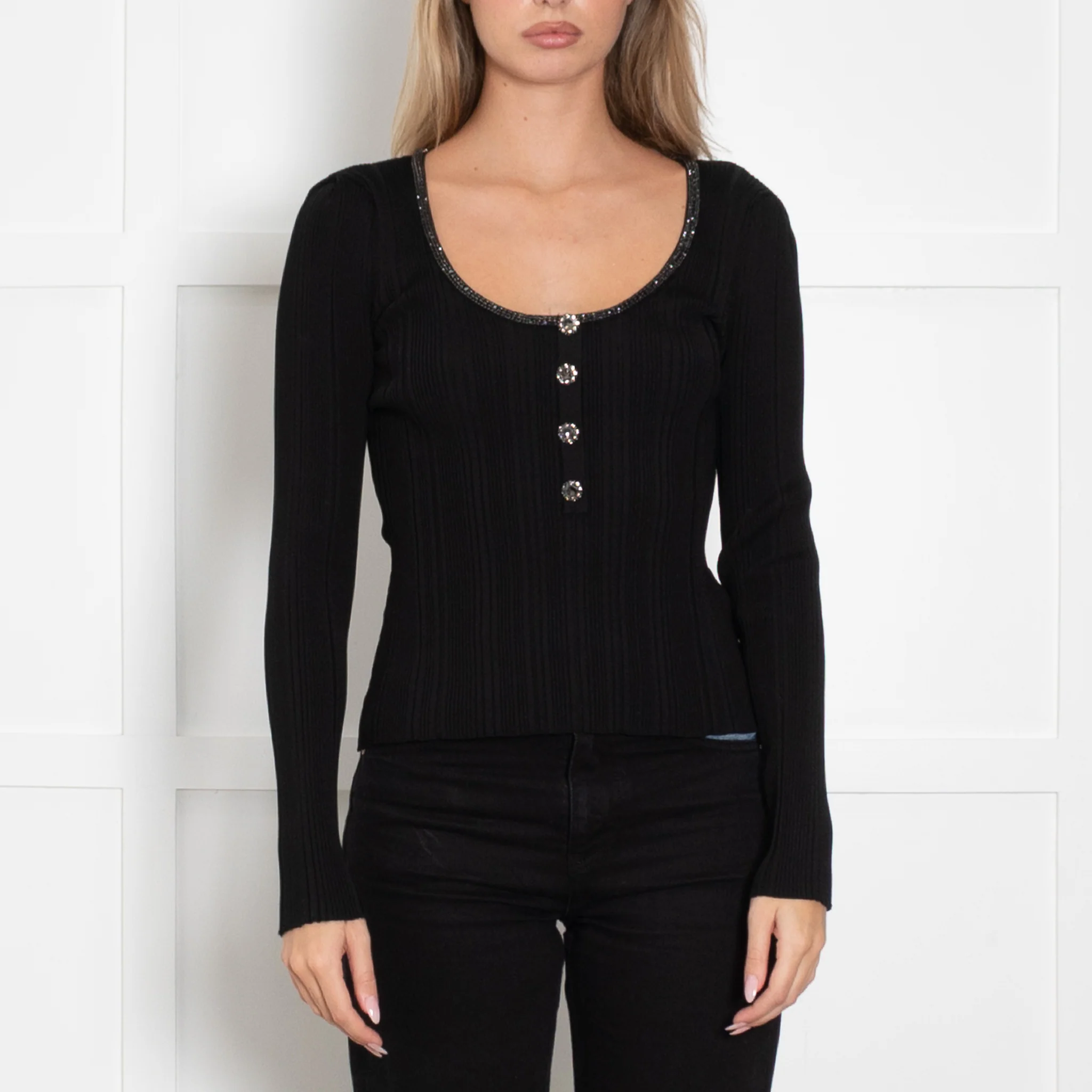 Self Portrait Black Knit Top with Diamante Trim - Image 2