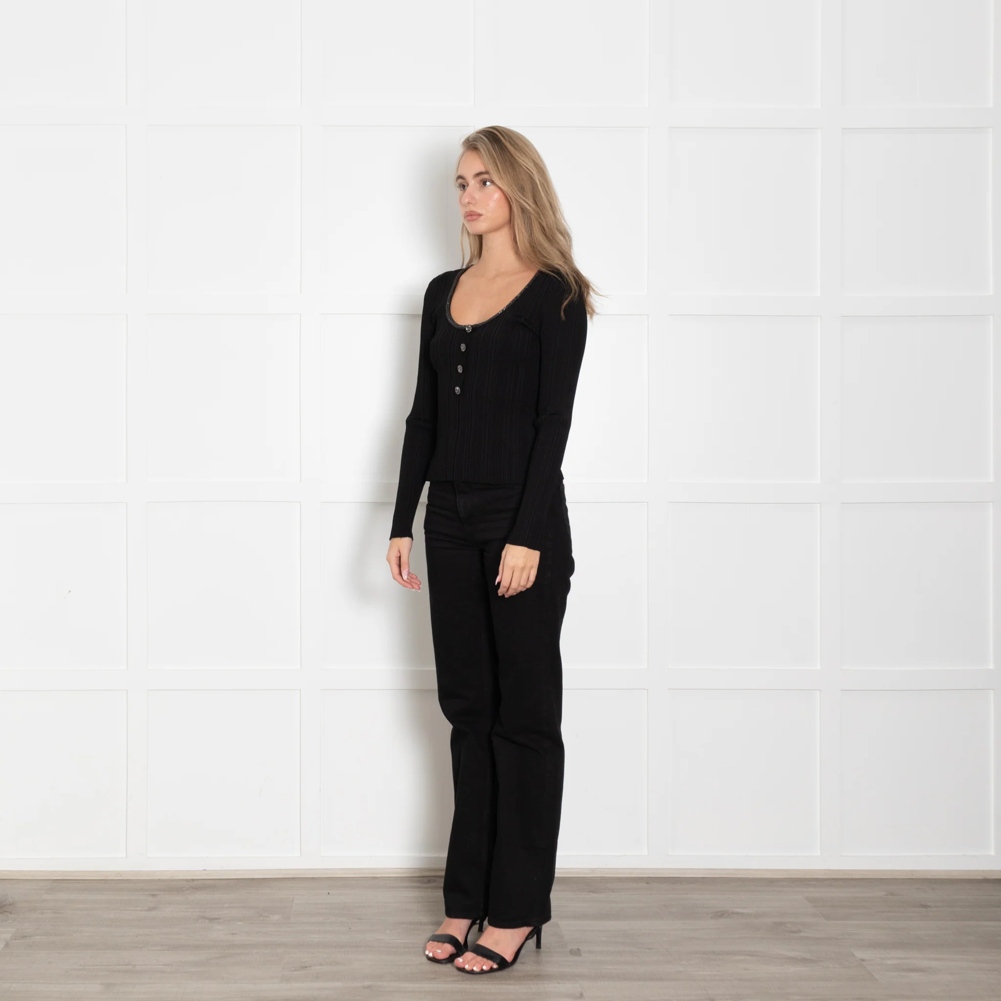 Self Portrait Black Knit Top with Diamante Trim - Image 3