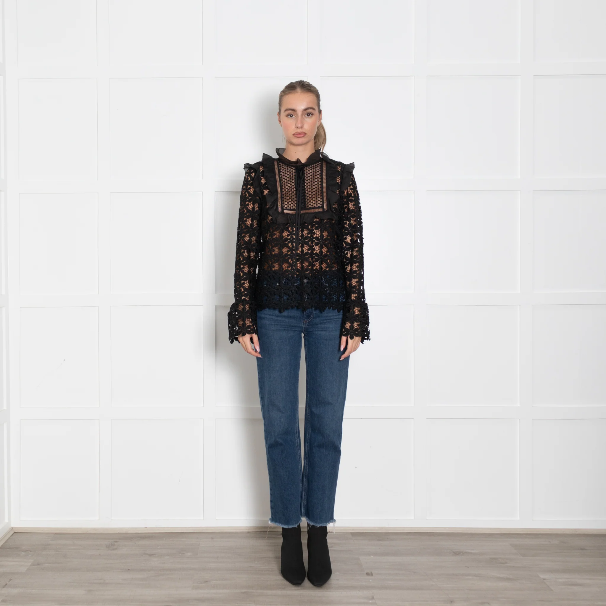 Self Portrait Black Lace Frill Trim Long Sleeve Top