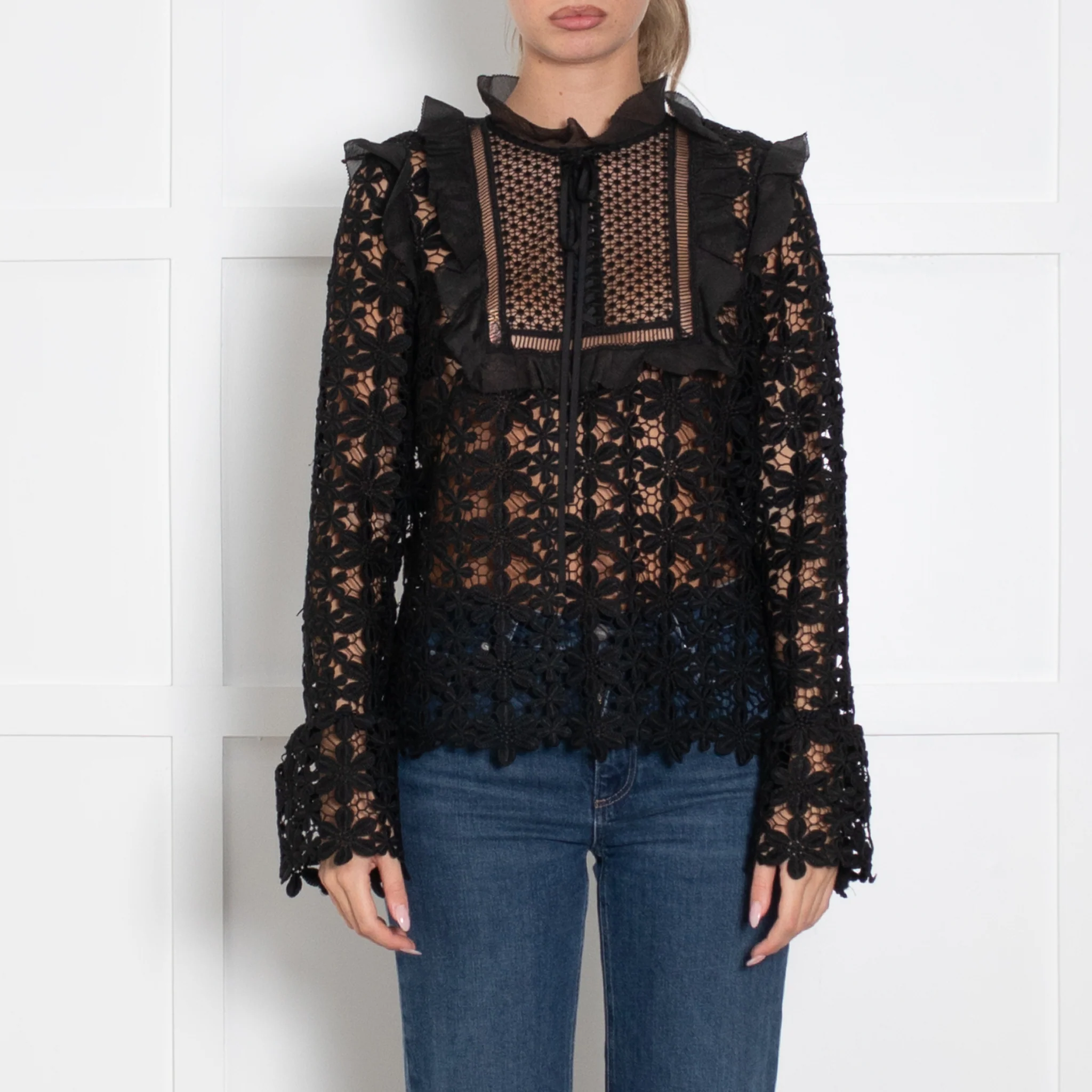 Self Portrait Black Lace Frill Trim Long Sleeve Top - Image 2