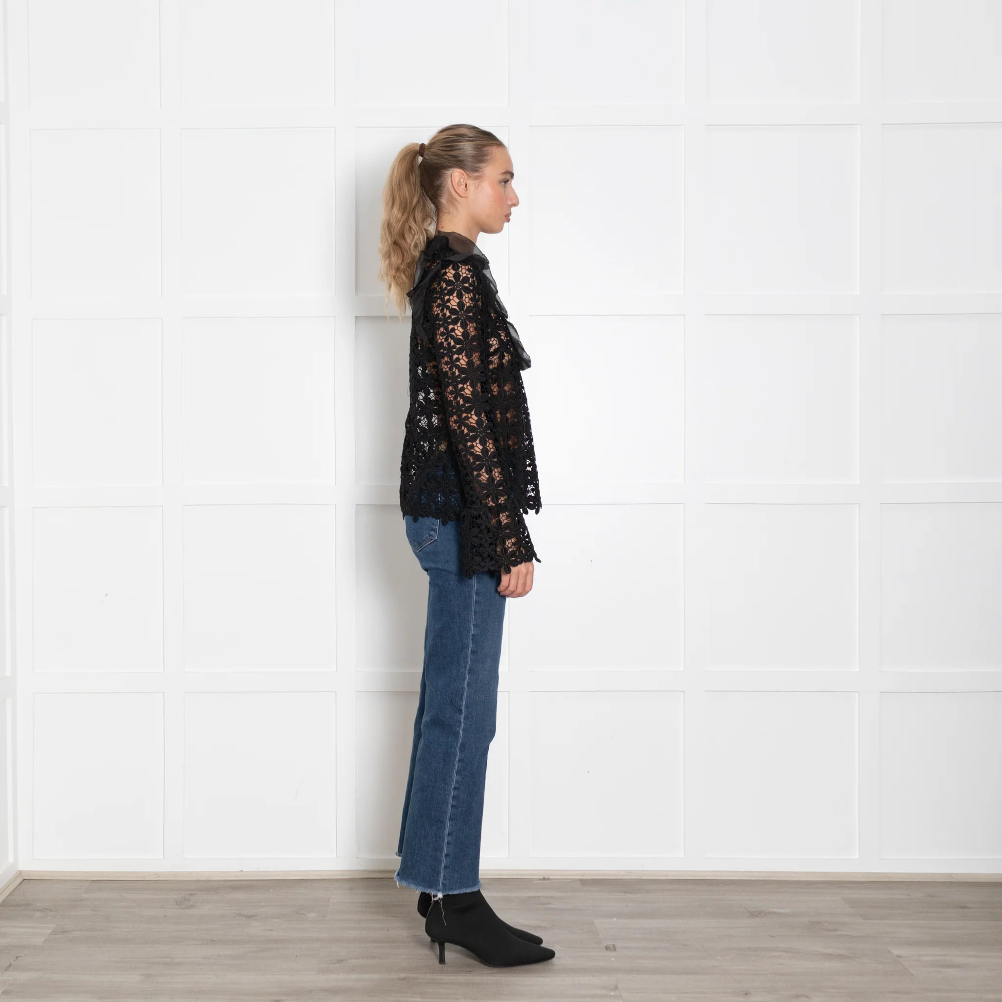 Self Portrait Black Lace Frill Trim Long Sleeve Top - Image 6
