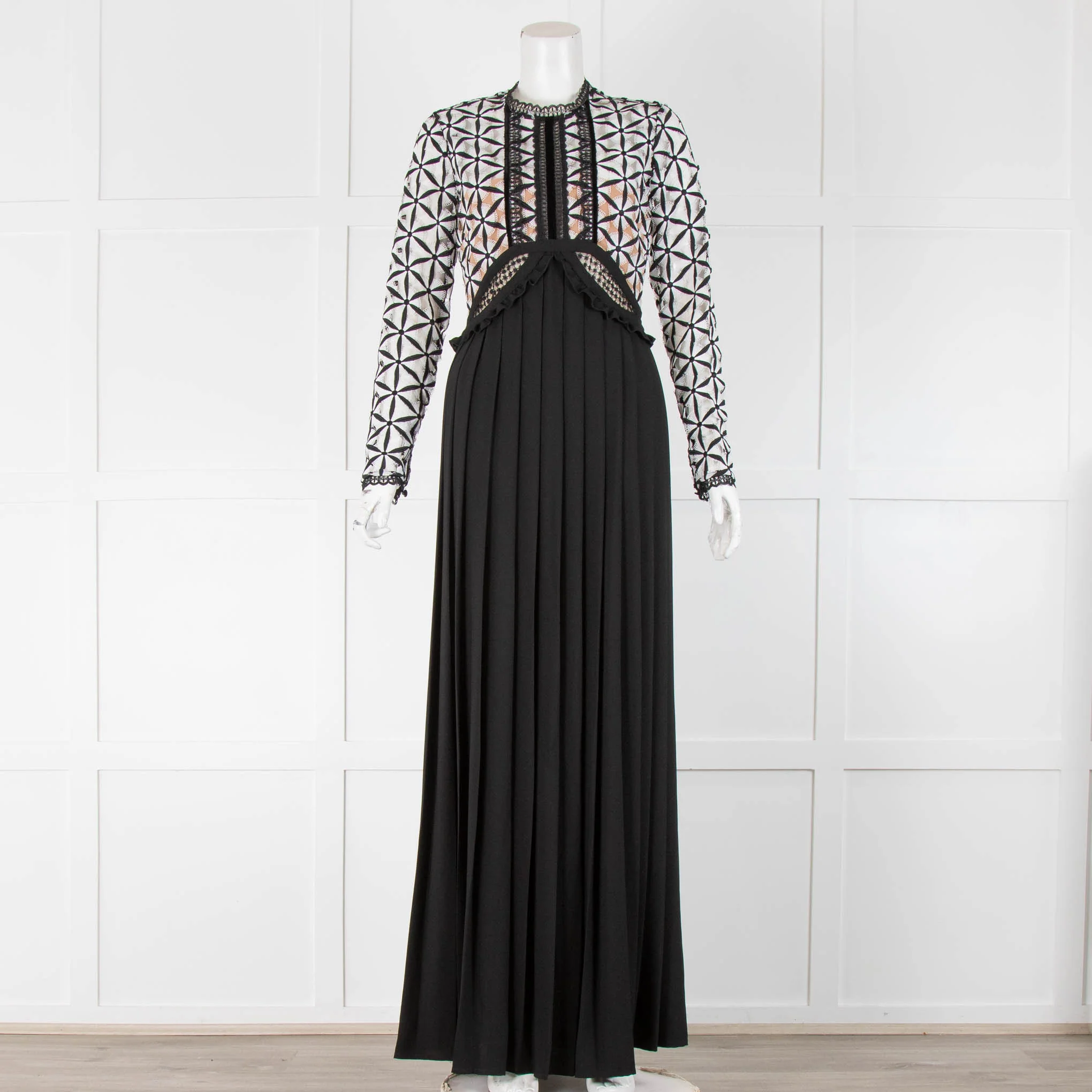 Self-Portrait Black Long Pleated Dress With Black and White Lazer Cut Top